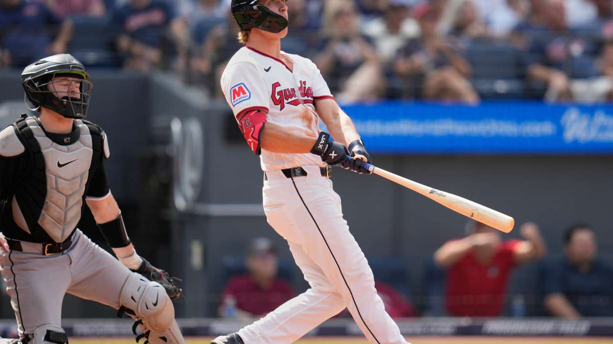 Cleveland Guardians' Petey Halpin, right, and catcher Kyle Teel, left, watch Halpin''s three-run home run in the sixth inning of a baseball game in Cleveland, Wednesday, Sept. 16, 2026.
