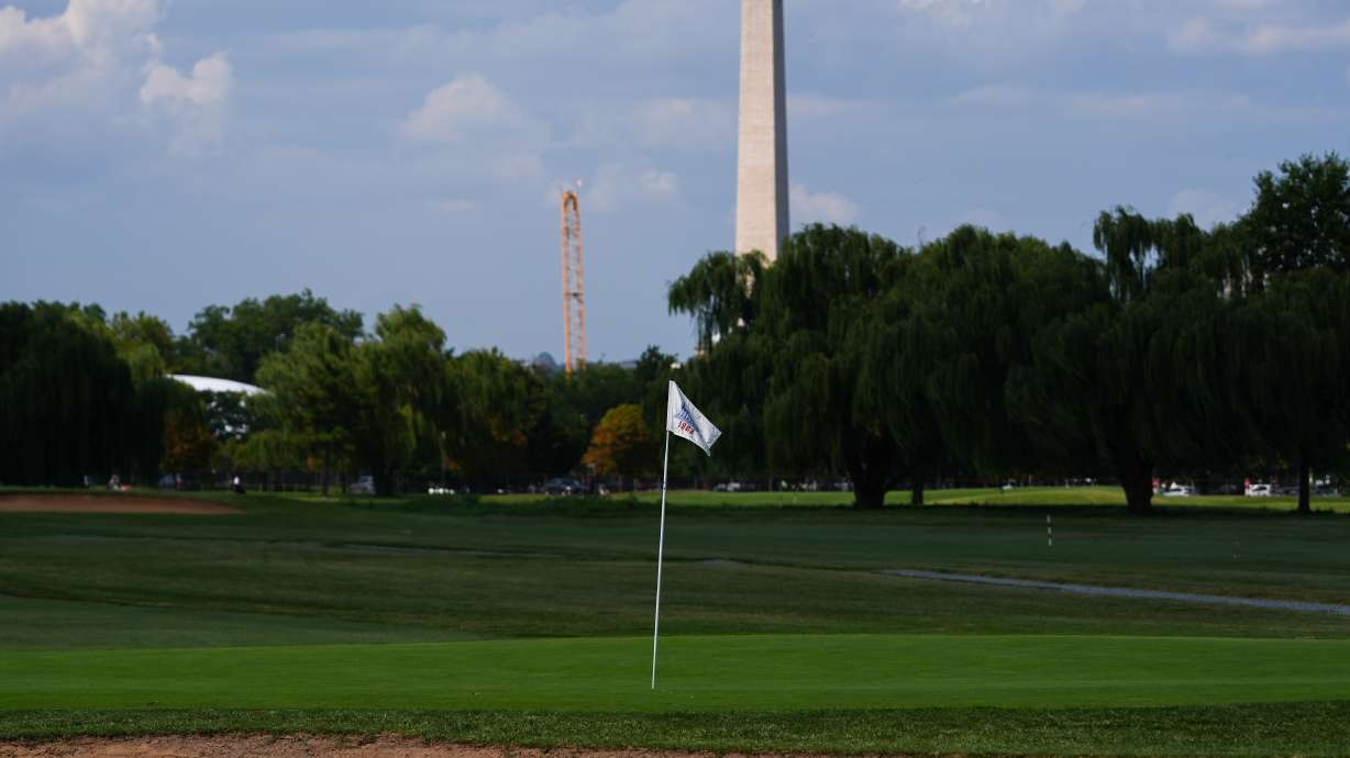 The Washington Monument is seen beyond the East Potomac Park Golf Course, Tuesday, Sept. 1, 2026, in Washington.