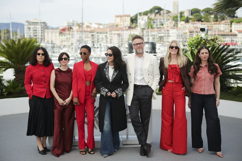 FILE PHOTO: Director Leah Nelson, voice cast members Julia Louis-Dreyfus, Seth Rogen, Abbi Jacobson, Samira Willey, Sugar Lyn Beard, Producer Lauren Miller Rogen pose during a photocall for the animated film "Tangles" presented as part of Special Screenings at the 79th Cannes Film Festival in Cannes, France, May 14, 2026.