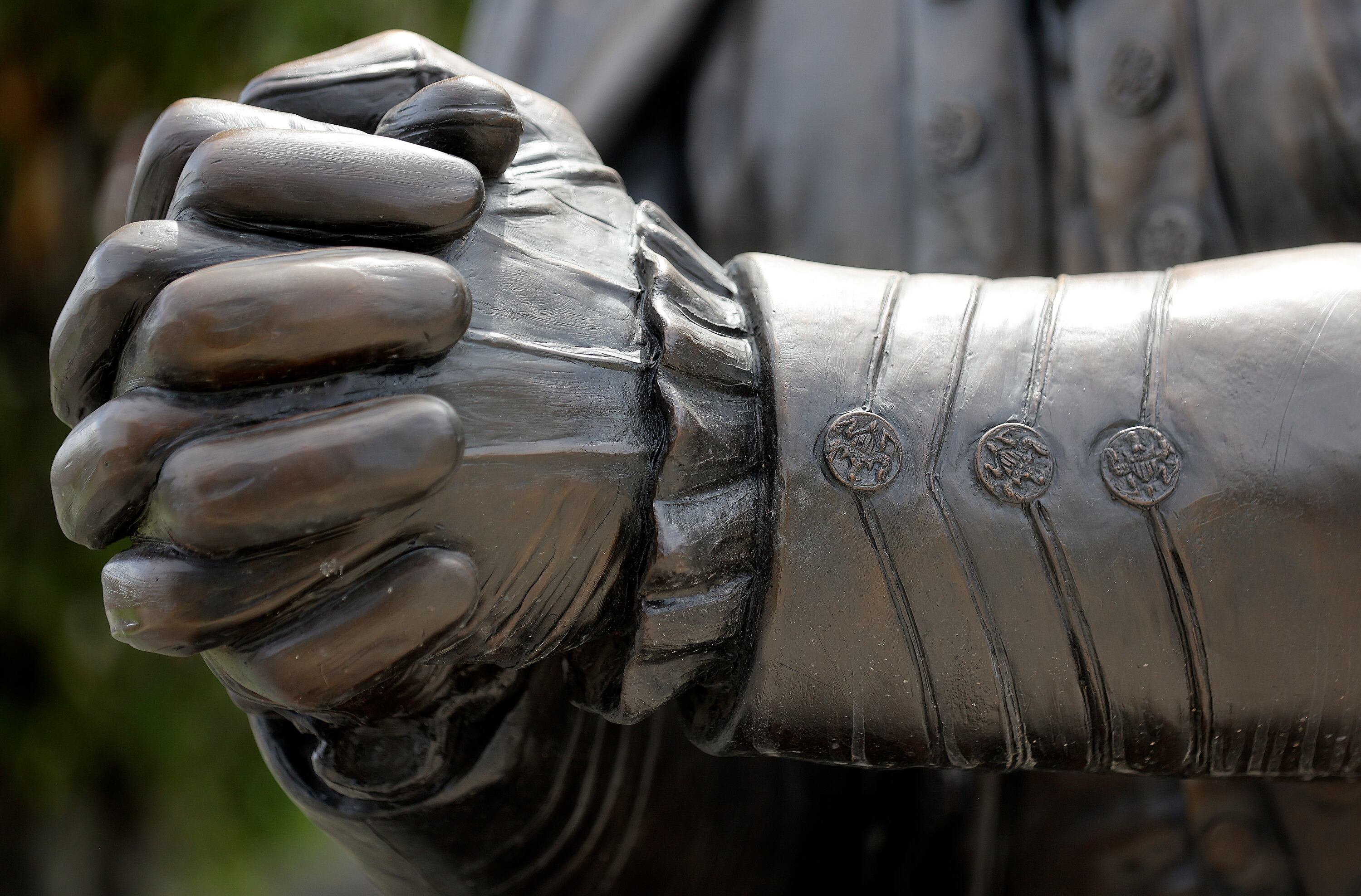 The buttons on Steven Neal’s sculpture of George Washington are replicas of historical buttons from that time frame, pictured outside the Capitol in Salt Lake City on Wednesday.