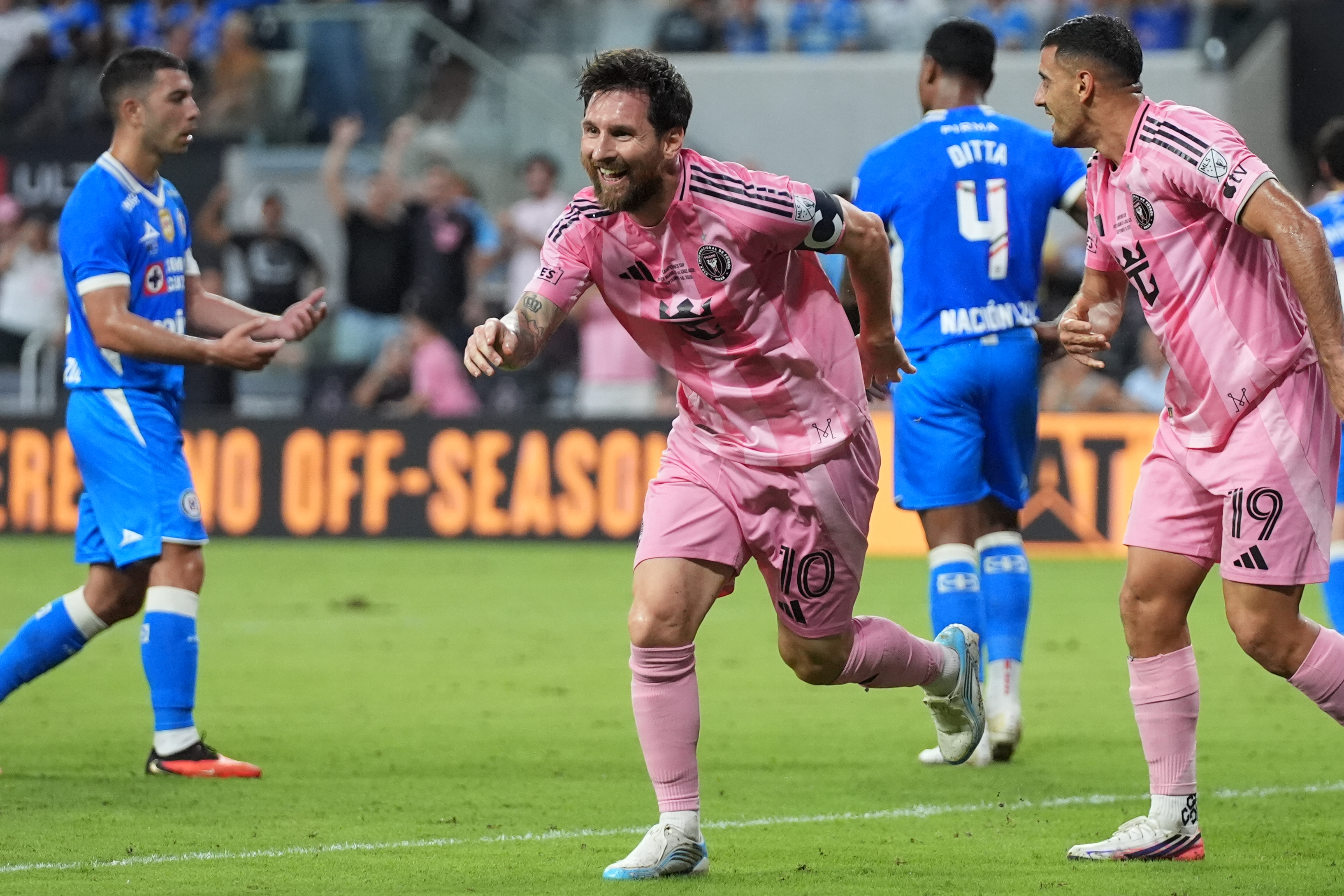 Inter Miami's Lionel Messi (10) celebrates after scoring a goal during the first half of the Campeones Cup soccer match against Cruz Azul, Wednesday, Sept. 16, 2026, in Miami. 
