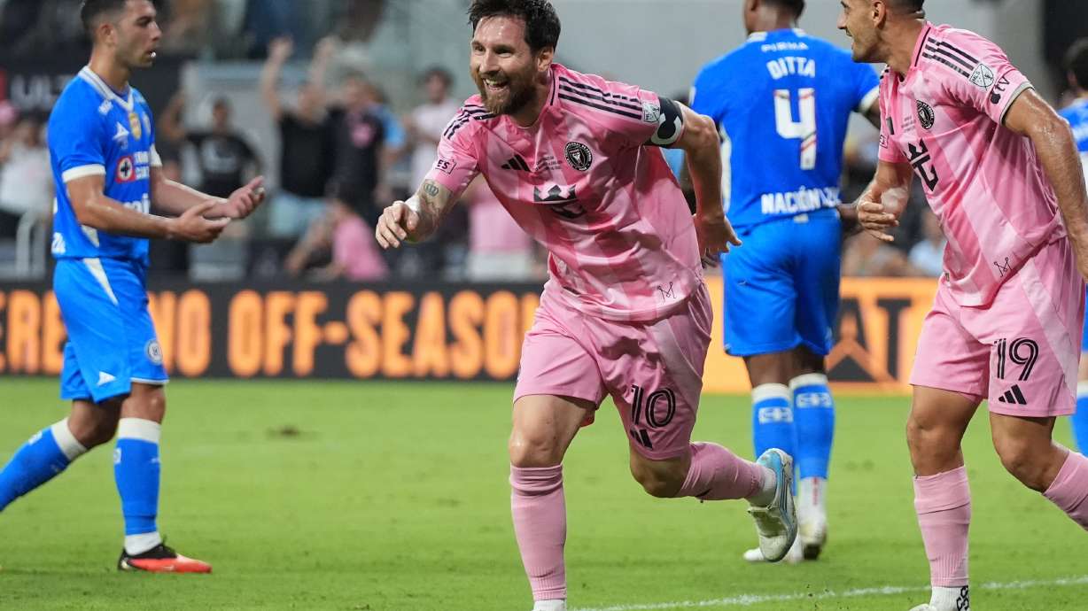 Inter Miami's Lionel Messi (10) celebrates after scoring a goal during the first half of the Campeones Cup soccer match against Cruz Azul, Wednesday, Sept. 16, 2026, in Miami.