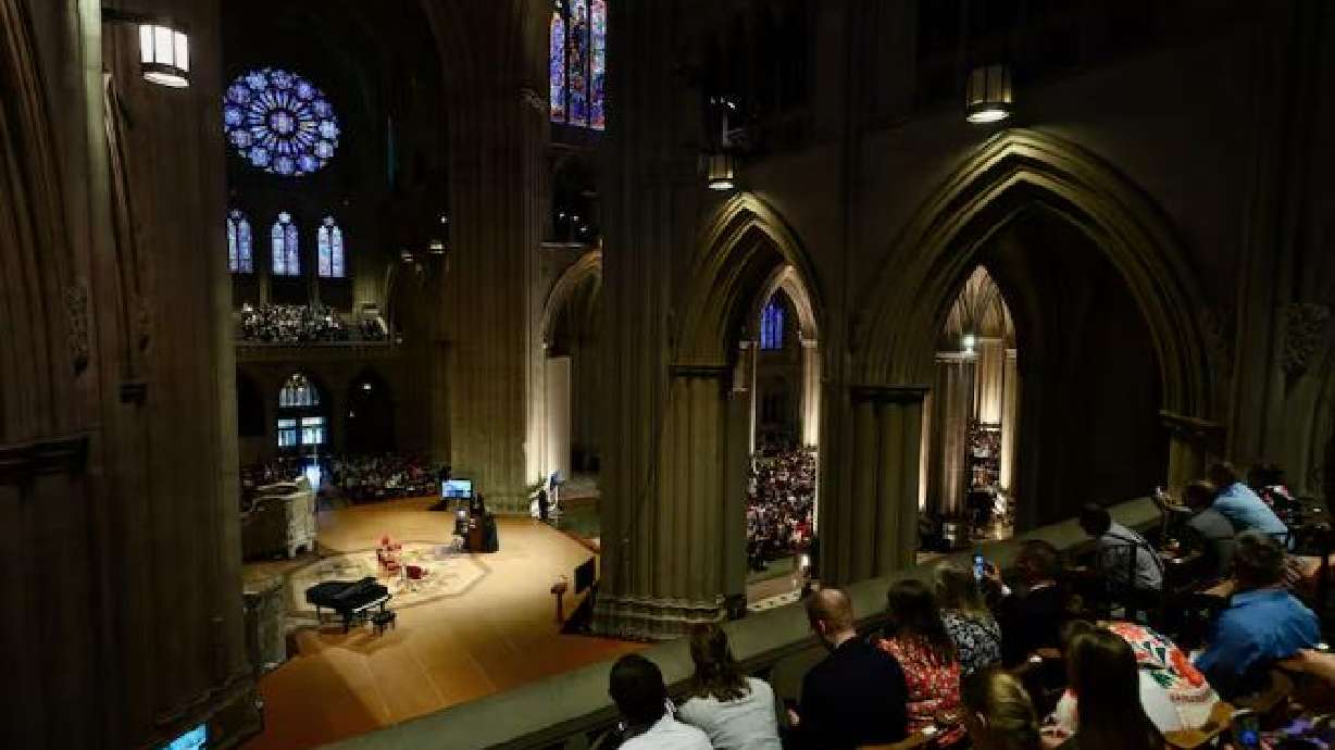President Dallin H. Oaks, President of The Church of Jesus Christ of Latter-day Saints, speaks in the Washington National Cathedral in Washington, D.C., on Wednesday.