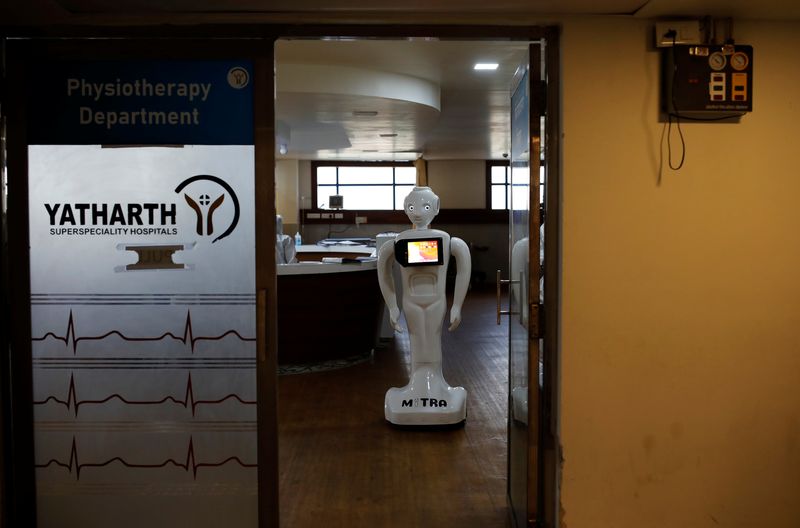 A robot Is seen inside a Physiotherapy ward of the Yatharth Super Speciality Hospital in Noida, on the outskirts of New Delhi, India, September 15, 2020.