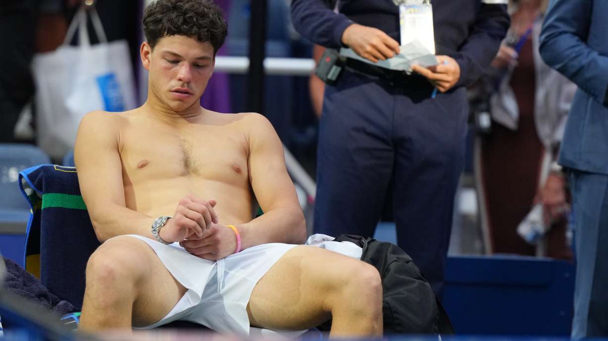 Ben Shelton, of the United States, reacts after he lost the men's singles final of the U.S. Open tennis championships against Alexander Zverev, of Germany, Sunday, Sept. 13, 2026, in New York.
