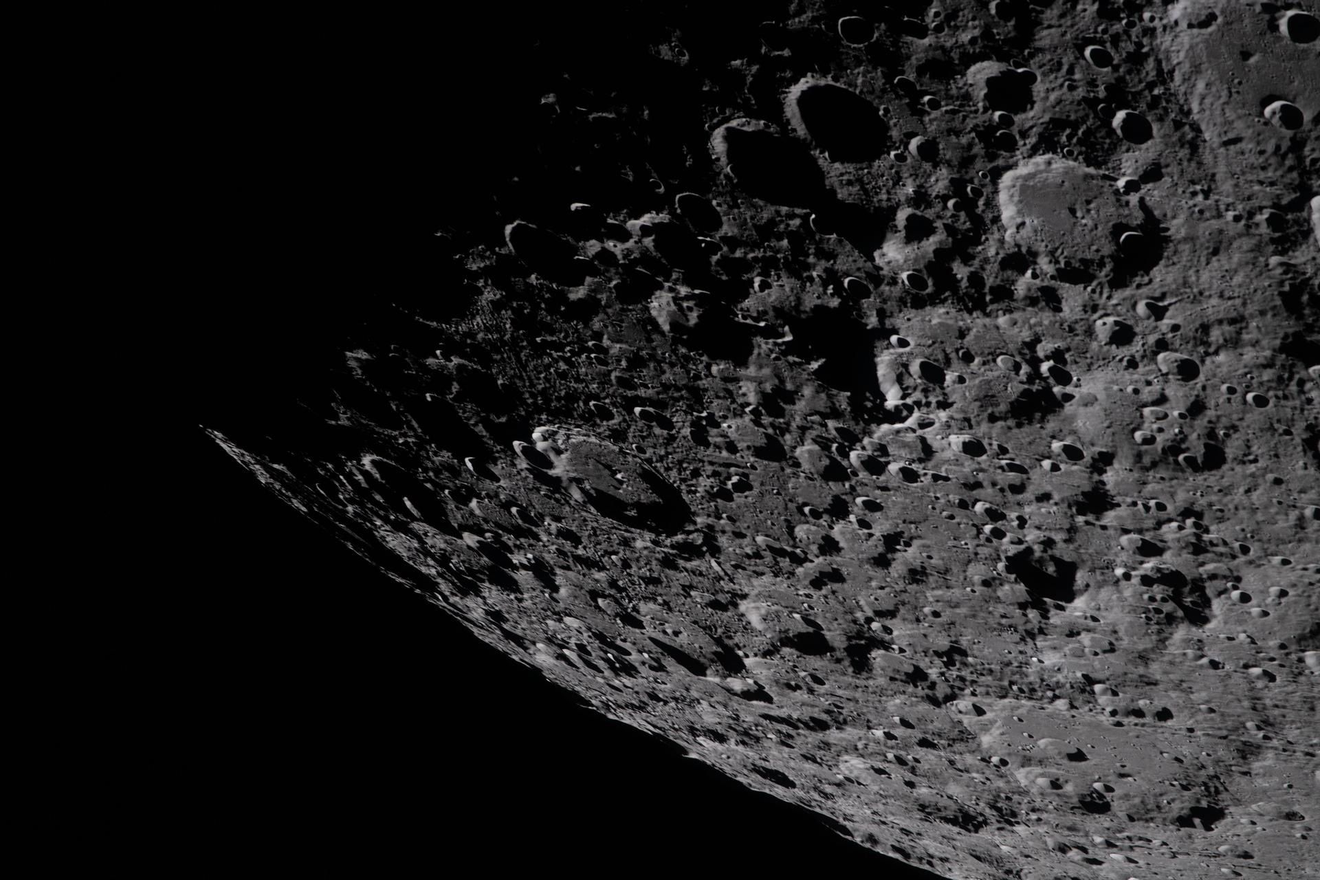 Captured by the Artemis II crew, the heavily cratered terrain of the eastern edge of the Moon's South Pole-Aitken basin.