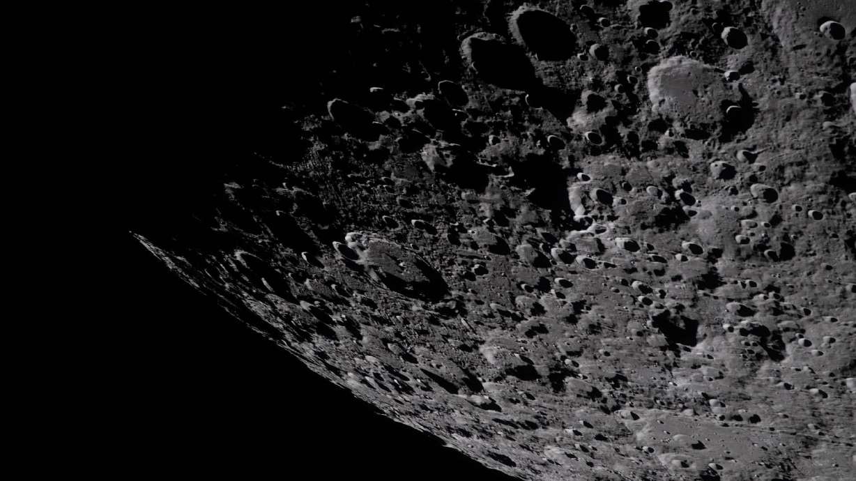 Captured by the Artemis II crew, the heavily cratered terrain of the eastern edge of the Moon's South Pole-Aitken basin.