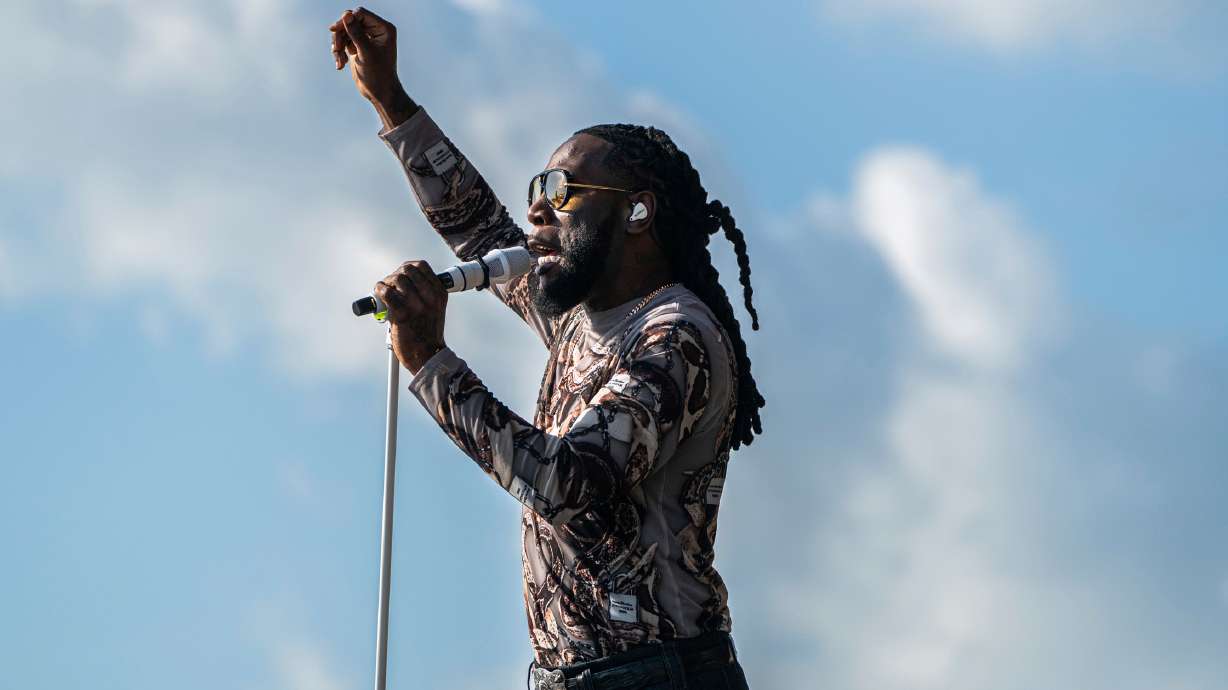 FILE - Burna Boy performs during the first weekend of the New Orleans Jazz & Heritage Festival on April 27, 2025, at Fair Grounds Race Course in New Orleans.