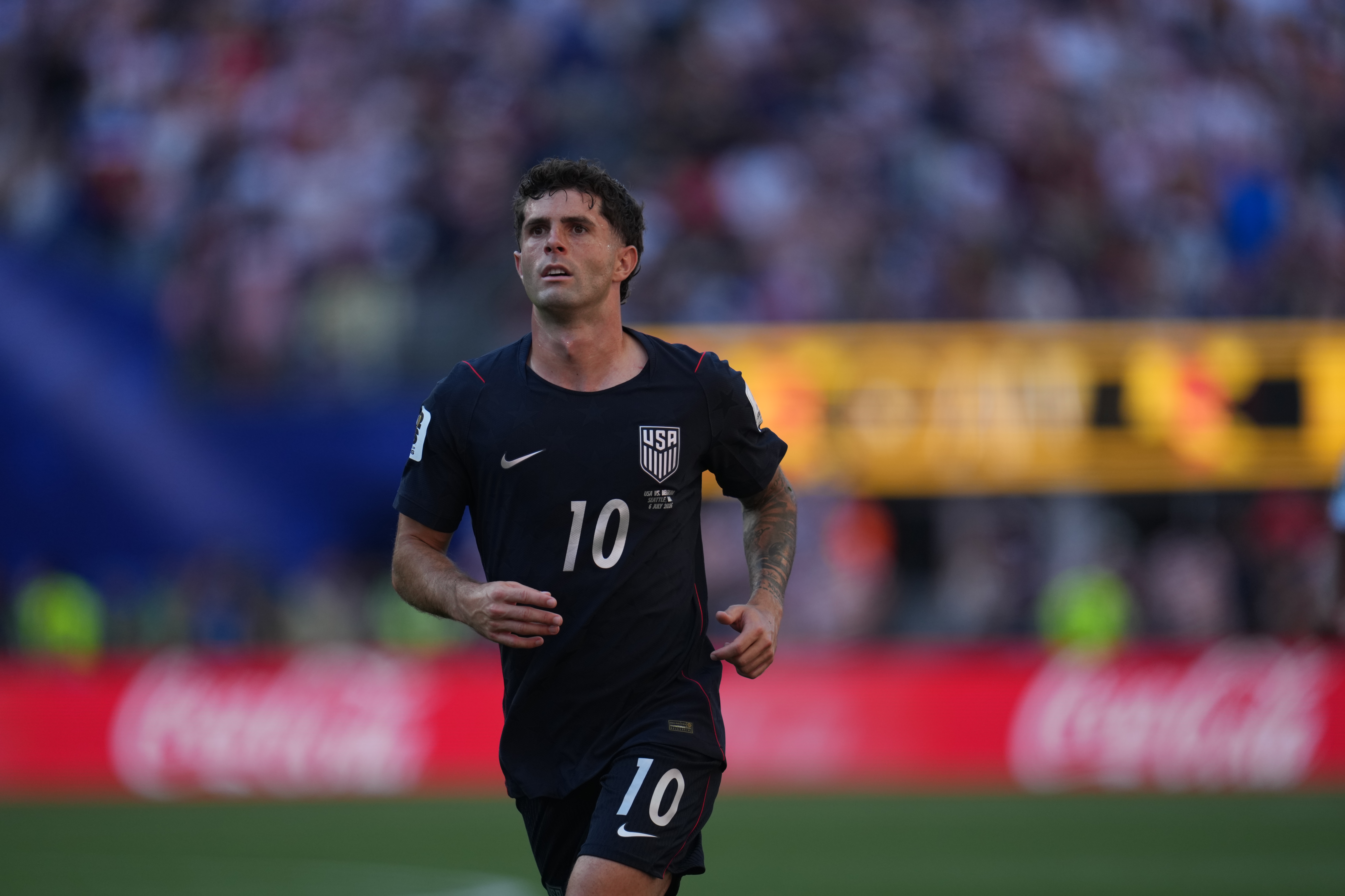 FILE - United States' Christian Pulisic plays during the World Cup round of 16 soccer match between the United States and Belgium in Seattle, July 6, 2026. 