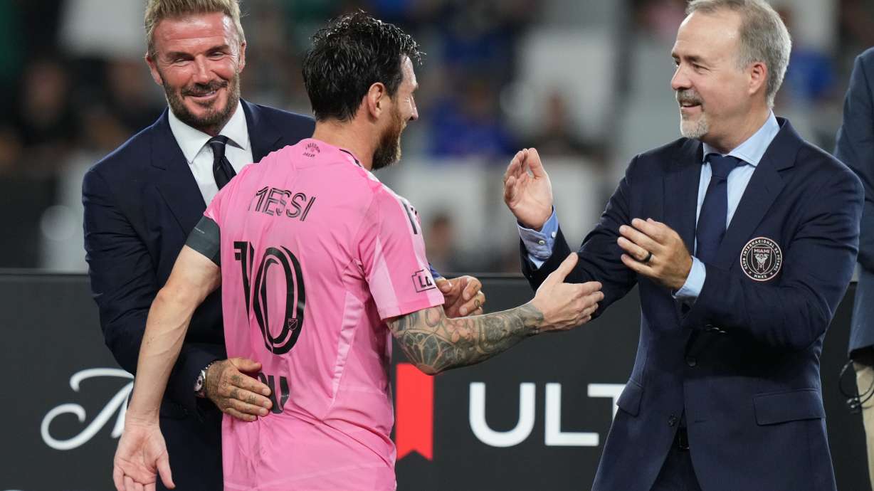 Inter Miami co-owners David Beckham, left, and Jose Mas, right, celebrate with Lionel Messi (10) after Inter Miami defeated Cruz Azul in the Campeones Cup soccer match, Wednesday, Sept. 16, 2026, in Miami.
