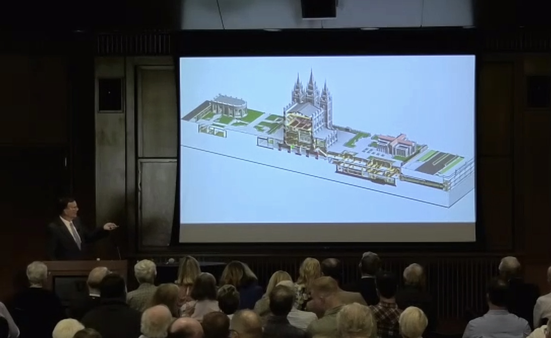Georges Bonnet, director of communications for the Salt Lake Temple and Temple Square renovation project, gives a presentation as part of the University of Utah's William R. and Erlyn J. Gould Distinguished Lecture on Technology and the Quality of Life at the told a crowded auditorium at the J. Willard Marriott Library, Gould Auditorium in Salt Lake City on Wednesday.