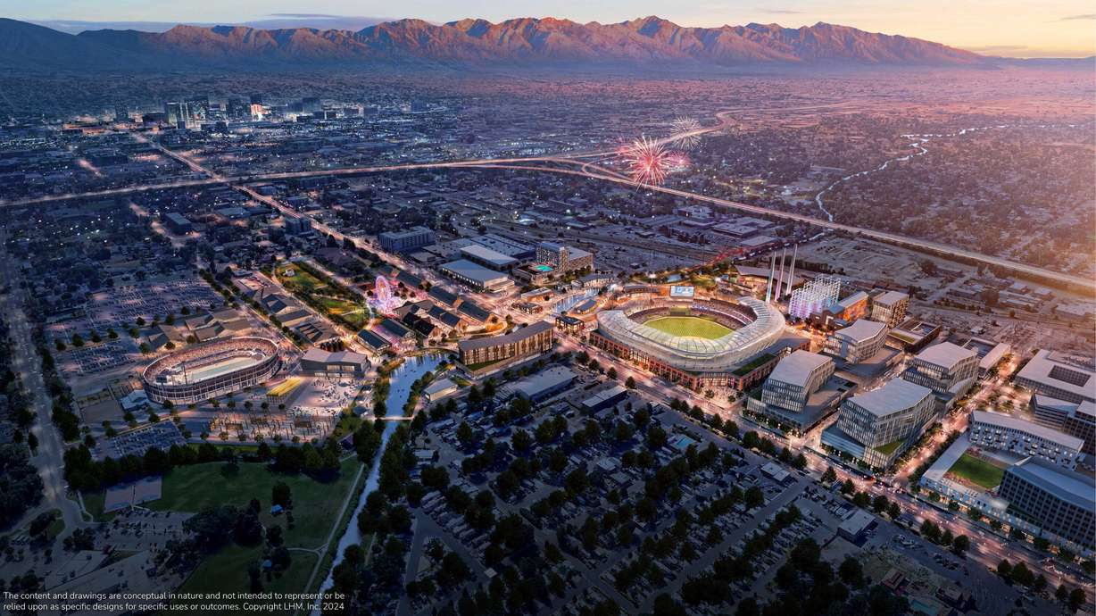 The Larry H. Miller Company and Miller family's renderings for the Power District, a nearly 100-acre site adjacent to the Utah State Fairpark and the Jordan River, unveiled on Feb. 15, 2024. The Power District is the potential home for a Major League Baseball team in Utah.