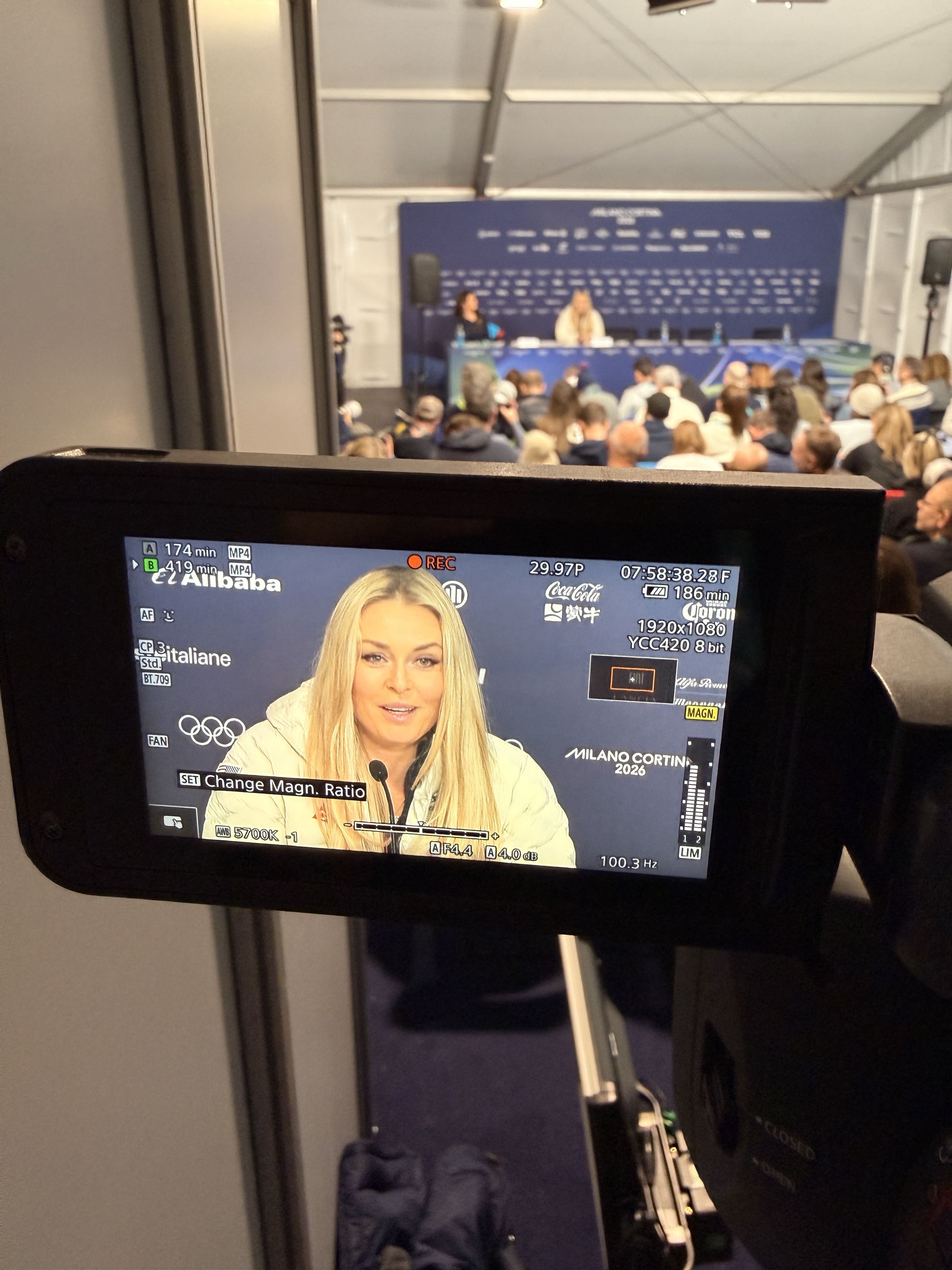 Lindsey Vonn speaks during a February press conference in Cortina, Italy, before competing.