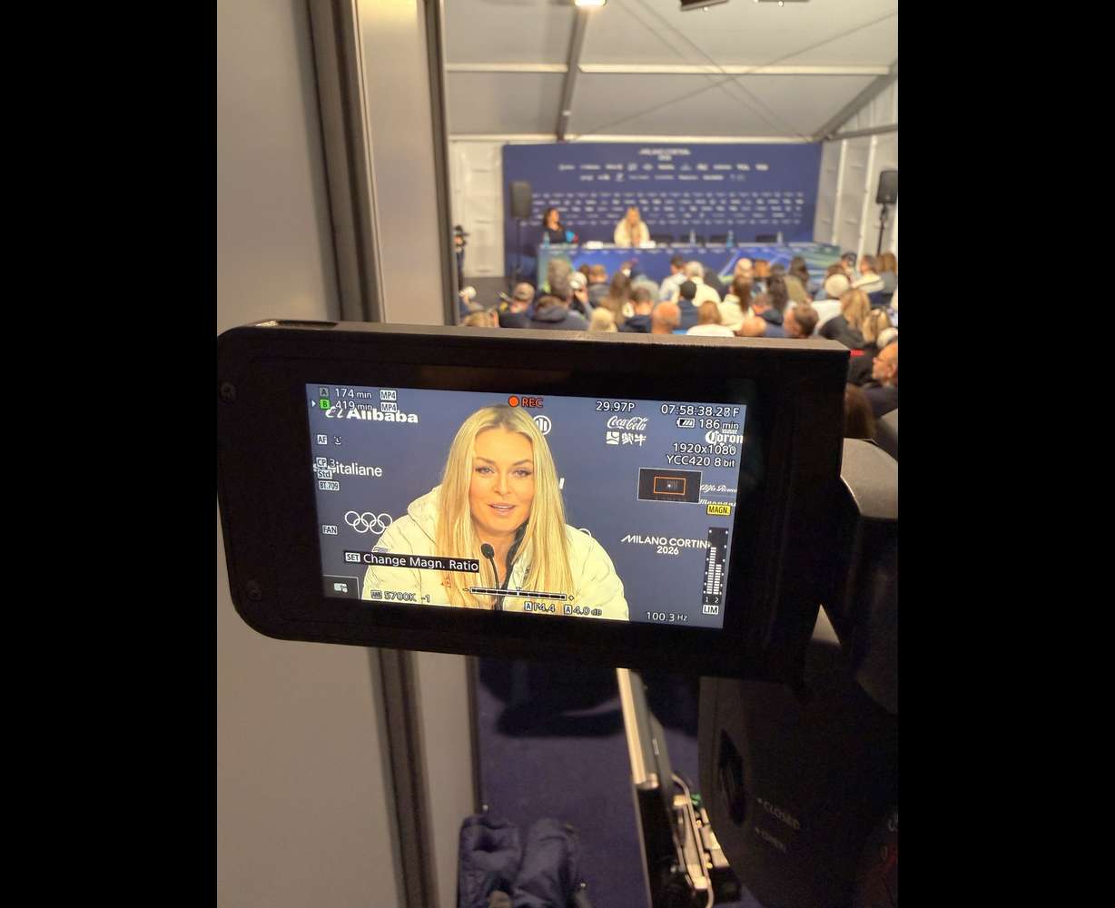 Lindsey Vonn speaks during a February press conference in Cortina, Italy, before competing.