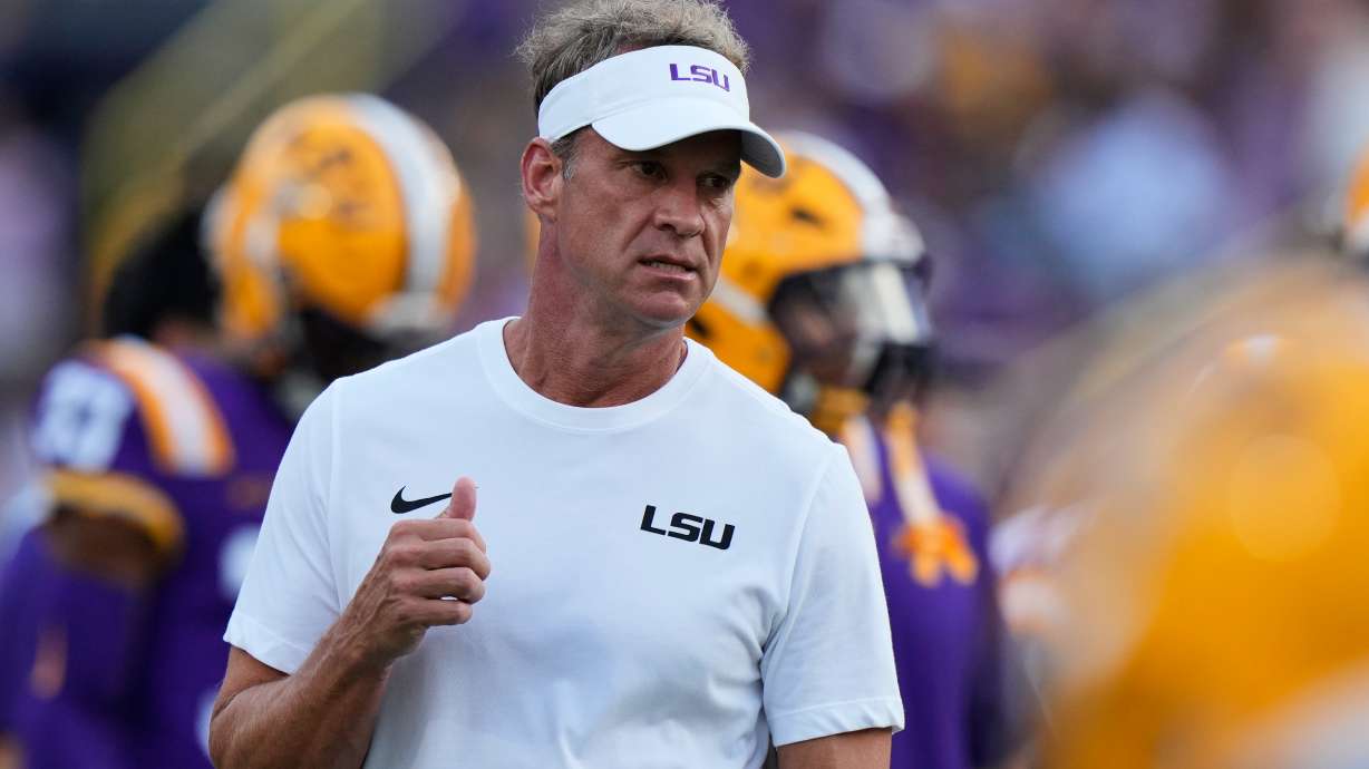 LSU head coach Lane Kiffin walks on the field before an NCAA college football game against Louisiana Tech, Saturday, Sept. 12, 2026 in Baton Rouge, La.