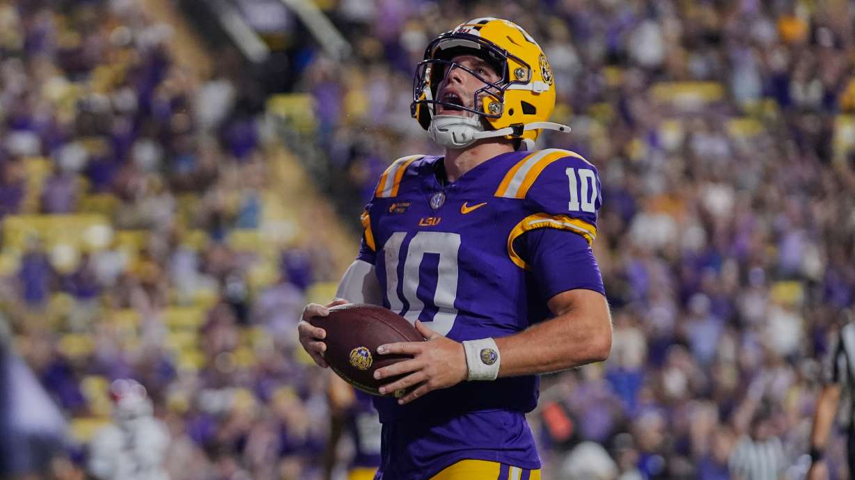 LSU quarterback Sam Leavitt (10) reacts after scoring a touchdown in the second half of an NCAA college football game against Louisiana Tech, Saturday, Sept. 12, 2026 in Baton Rouge, La.