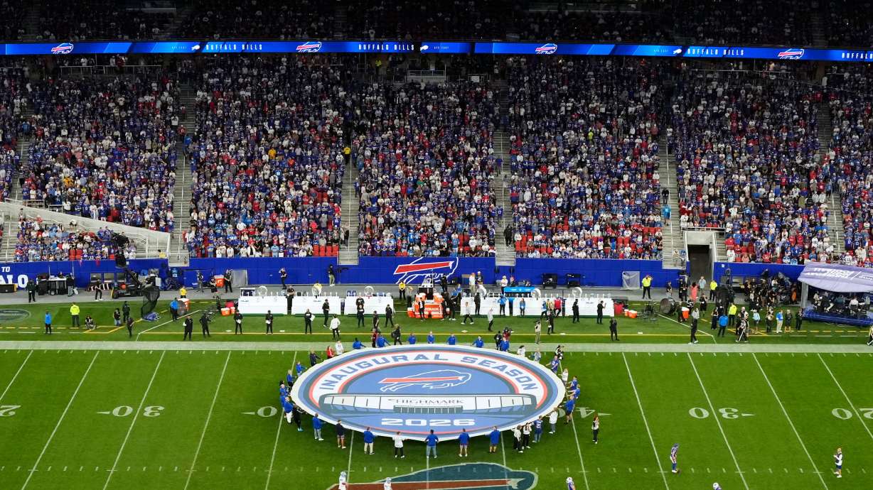 An inuagural season sign is shown on the field at Highmark Stadium before an NFL football game between the Buffalo Bills and Detroit Lions in Orchard Park, N.Y., Thursday, Sept. 17, 2026.