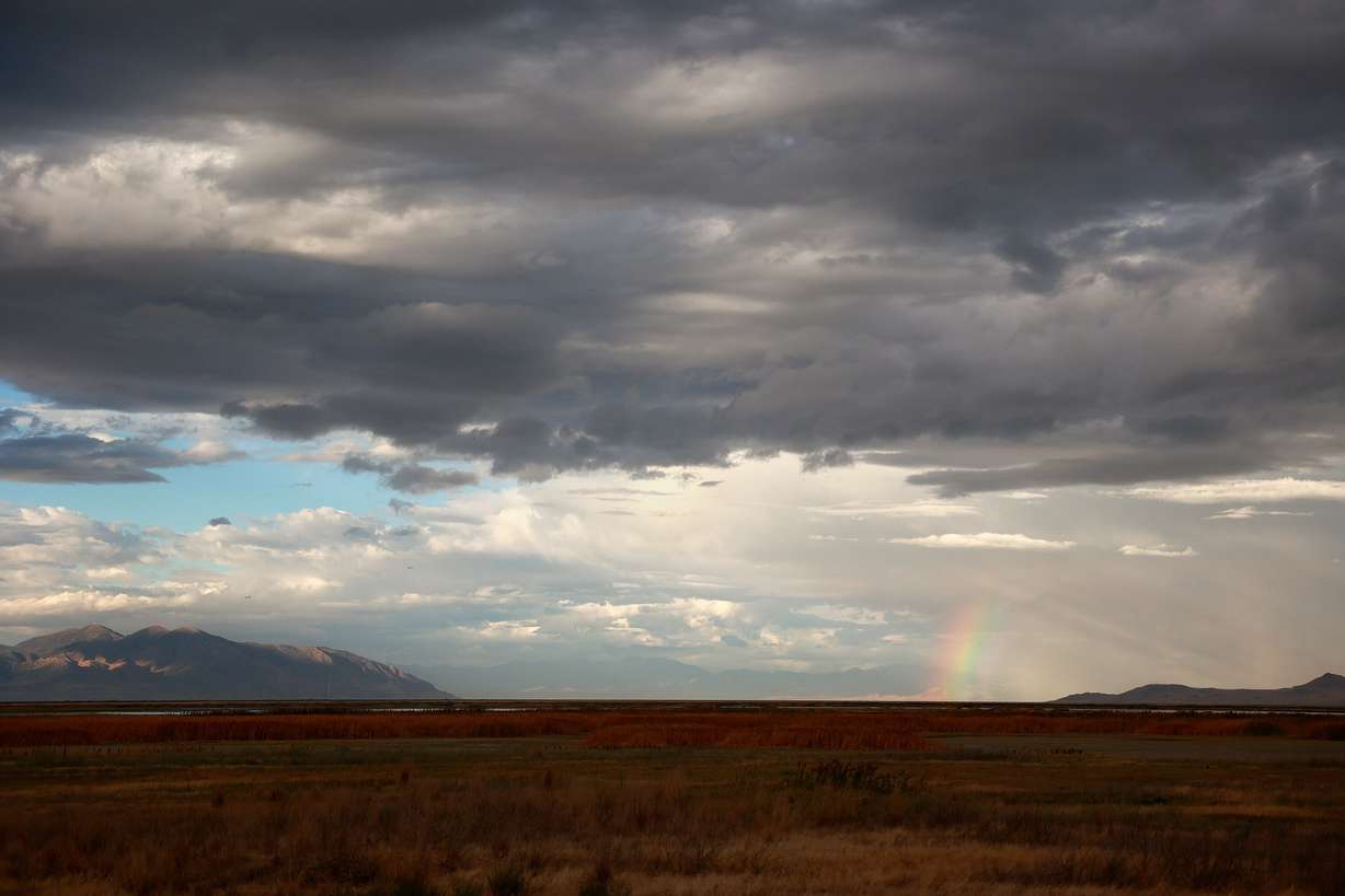 A rainbow over the Great Salt Lake is seen from the Eccles Wildlife Education Center in Farmington on Thursday. Lake Commissioner Hannah Freeze is looking at multiple conservation options.