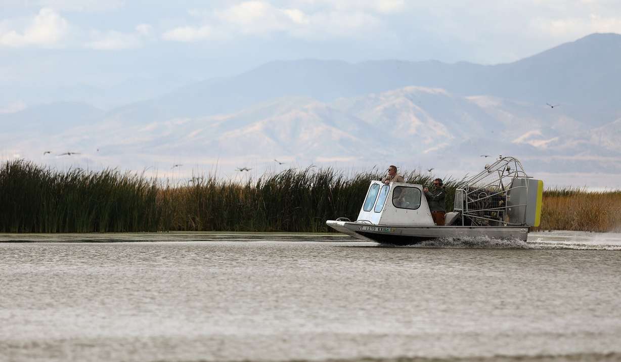 John Luft, Utah Division of Wildlife Resources Great Salt Lake ecosystem program manager, and Jordan Nielson, Great Salt Lake Rising executive director, ride in an airboat through Farmington Bay on the eastern side of the Great Salt Lake on Thursday. Dust management in the lake is a priority to save the lake.