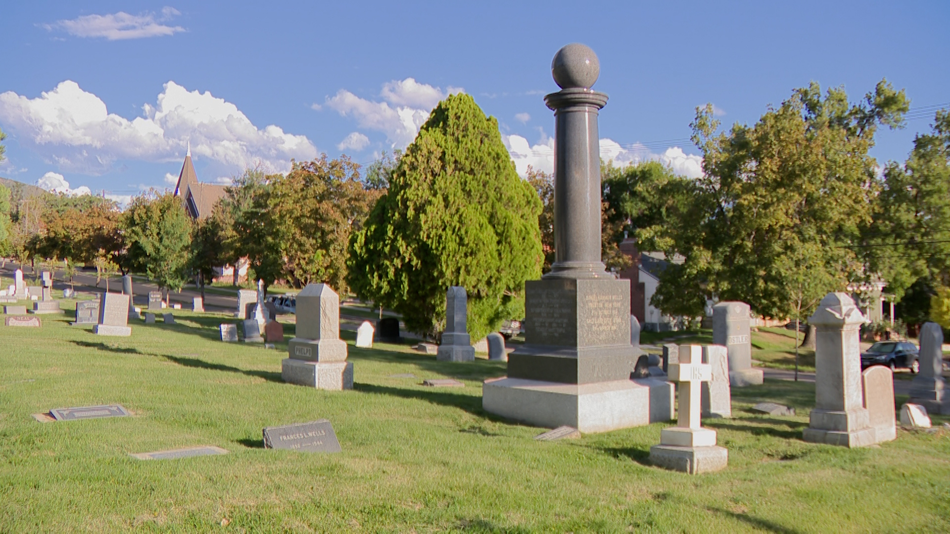 A granite monument at the gravesite of Daniel H. Wells, a former apostle of The Church of Jesus Christ of Latter-day Saints and Salt Lake City mayor, in the Salt Lake City Cemetery is pictured on Thursday. His family is now trying to restore it.