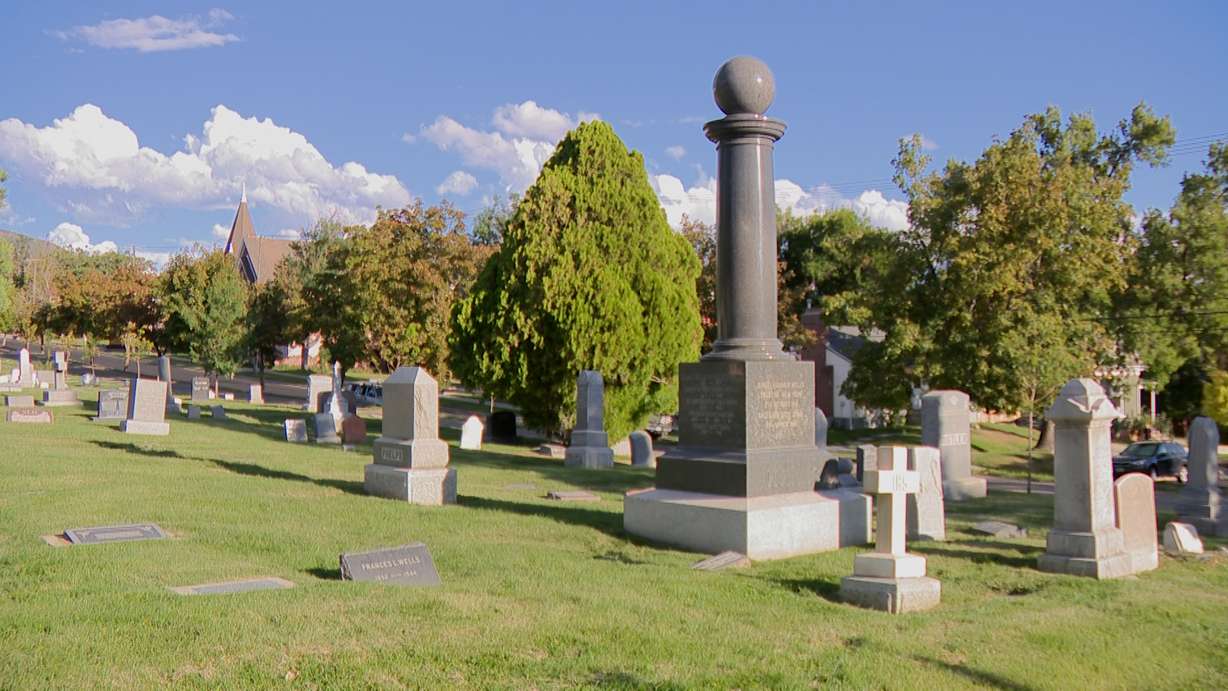 A granite monument at the gravesite of Daniel H. Wells, a former apostle of The Church of Jesus Christ of Latter-day Saints and Salt Lake City mayor, in the Salt Lake City Cemetery is pictured on Thursday. His family is now trying to restore it.