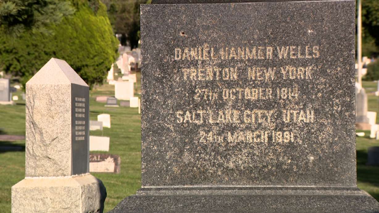 A granite monument at the gravesite of Daniel H. Wells, a former apostle of The Church of Jesus Christ of Latter-day Saints and Salt Lake City mayor, in the Salt Lake City Cemetery is pictured on Thursday. His family is now trying to restore it.