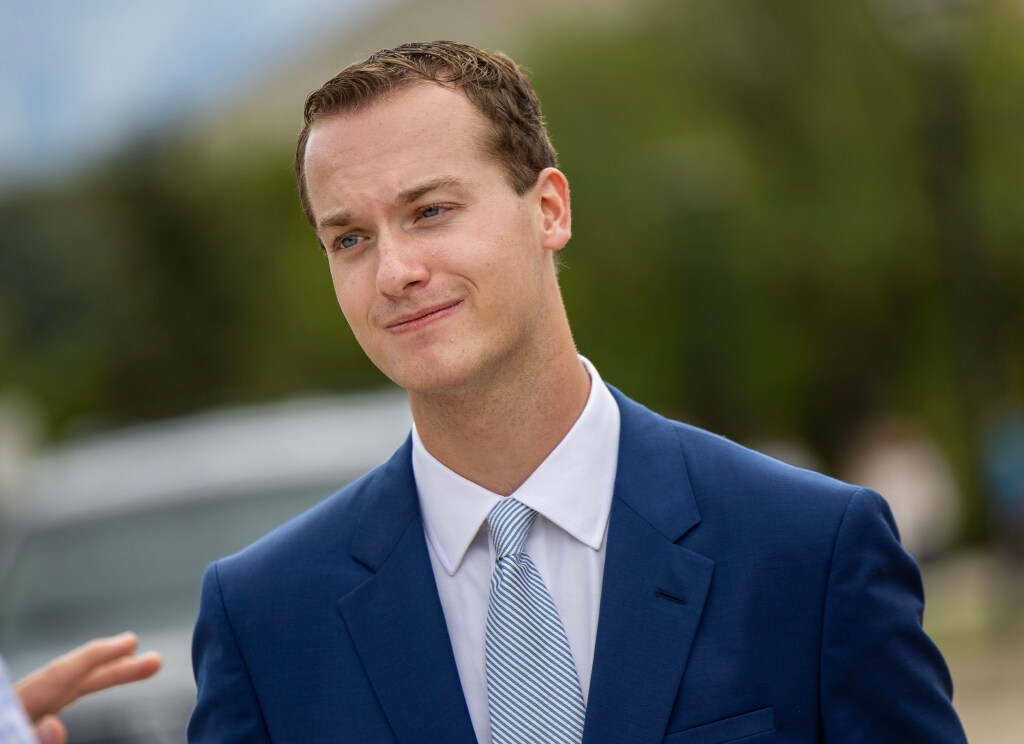 Riley Beesley, chairman of the Utah Federation of College Republicans, speaks to a reporter at the University of Utah campus in Salt Lake City on Wednesday, Sept. 16, 2026.