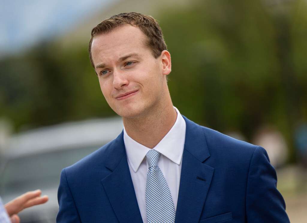 Riley Beesley, chairman of the Utah Federation of College Republicans, speaks to a reporter at the University of Utah campus in Salt Lake City on Wednesday, Sept. 16, 2026.