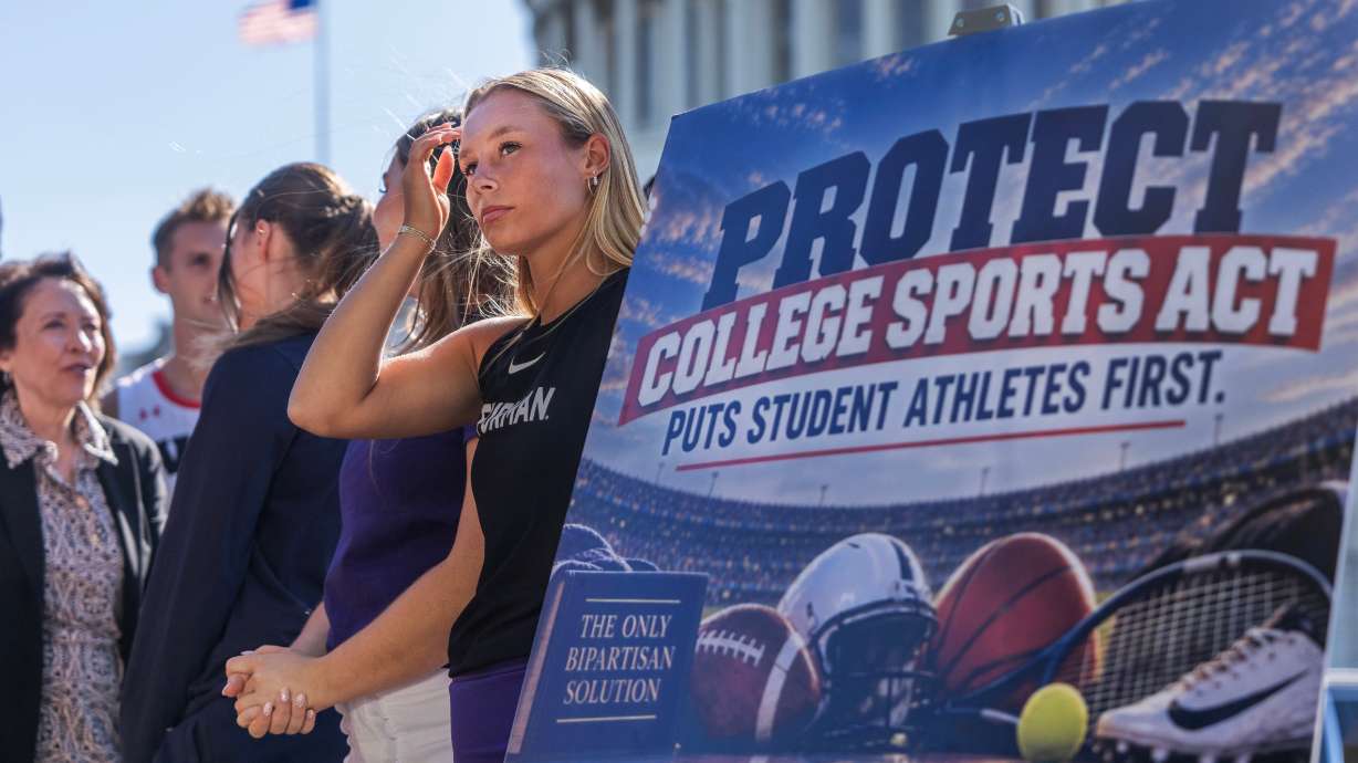 Macy Hitchcock, a Furman University tennis player, attends a news conference with student-athletes and coaches outside the U.S. Capitol on the "Protect College Sports Act," on Monday. The act passed the Senate by a 77-22 vote on Thursday.
