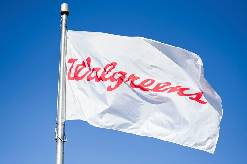 A flag outside the headquarters of drugstore chain Walgreens during a three-day walkout by pharmacists in Deerfield, Illinois, U.S. November 1, 2023.