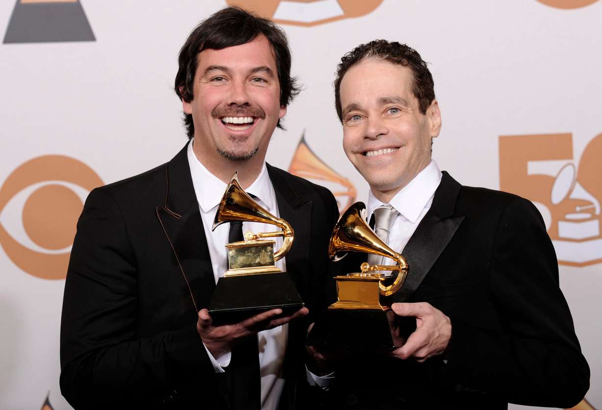 Duncan Sheik and Steven Sater are seen with the award for best musical show album for "Spring Awakening" at the 50th Annual Grammy Awards on Feb. 10, 2008, in Los Angeles. The album also took home eight Tony awards.