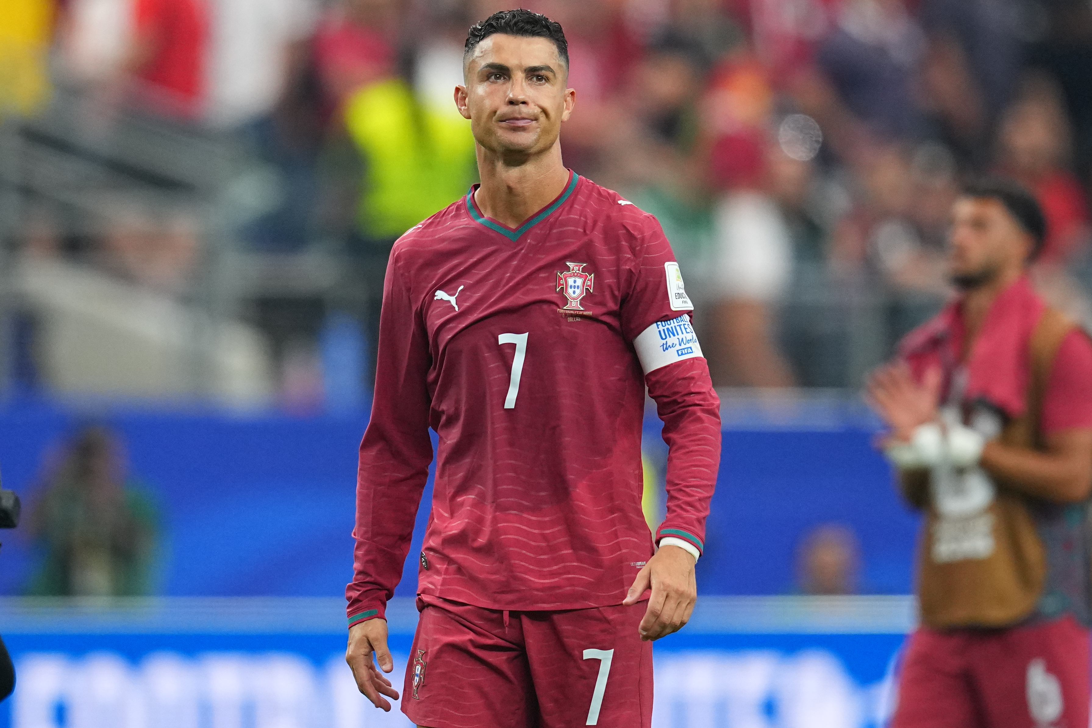 FILE - Portugal's Cristiano Ronaldo leaves the pitch after the World Cup round of 16 soccer match between Portugal and Spain in Arlington, Texas, near Dallas, Monday, July 6, 2026. 