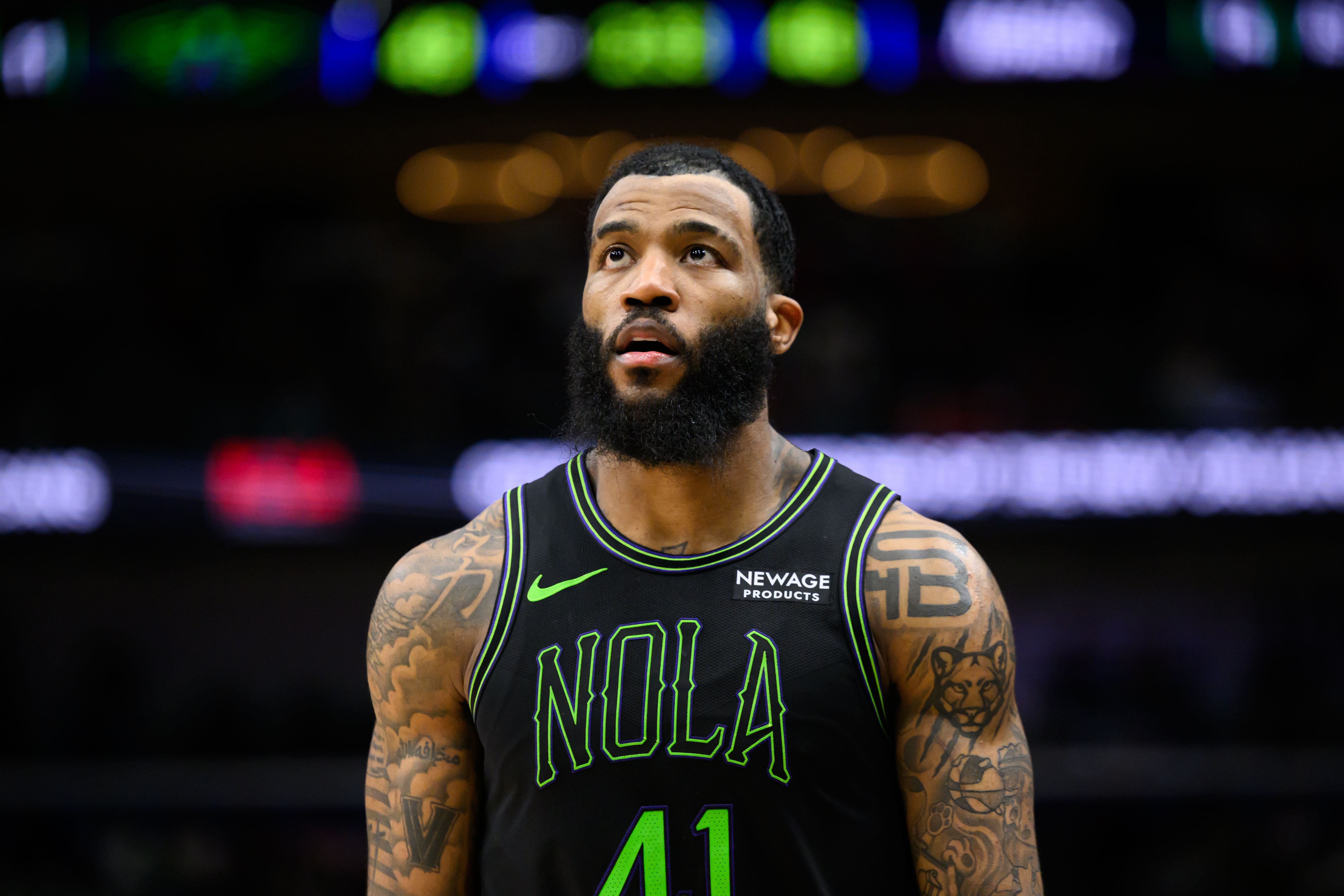 FILE - New Orleans Pelicans guard-forward Saddiq Bey (41) stands in the first half against the Orlando Magic in an NBA basketball game in New Orleans, Sunday, April 5, 2026. 