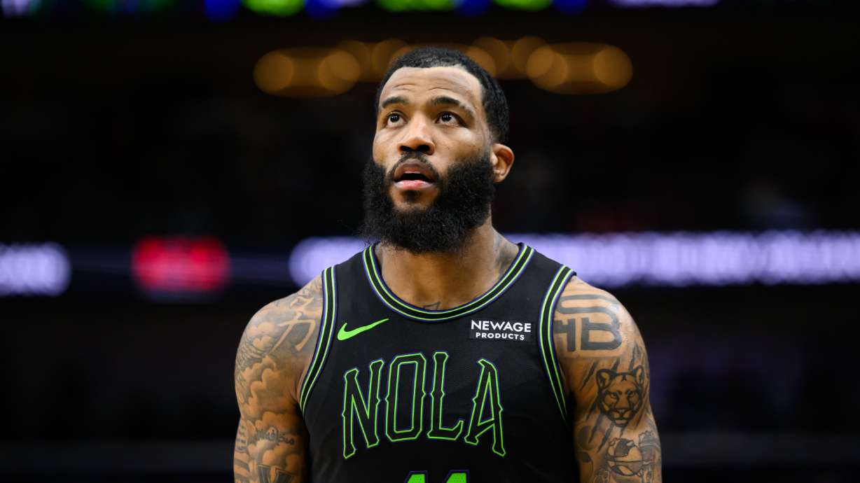 FILE - New Orleans Pelicans guard-forward Saddiq Bey (41) stands in the first half against the Orlando Magic in an NBA basketball game in New Orleans, Sunday, April 5, 2026.