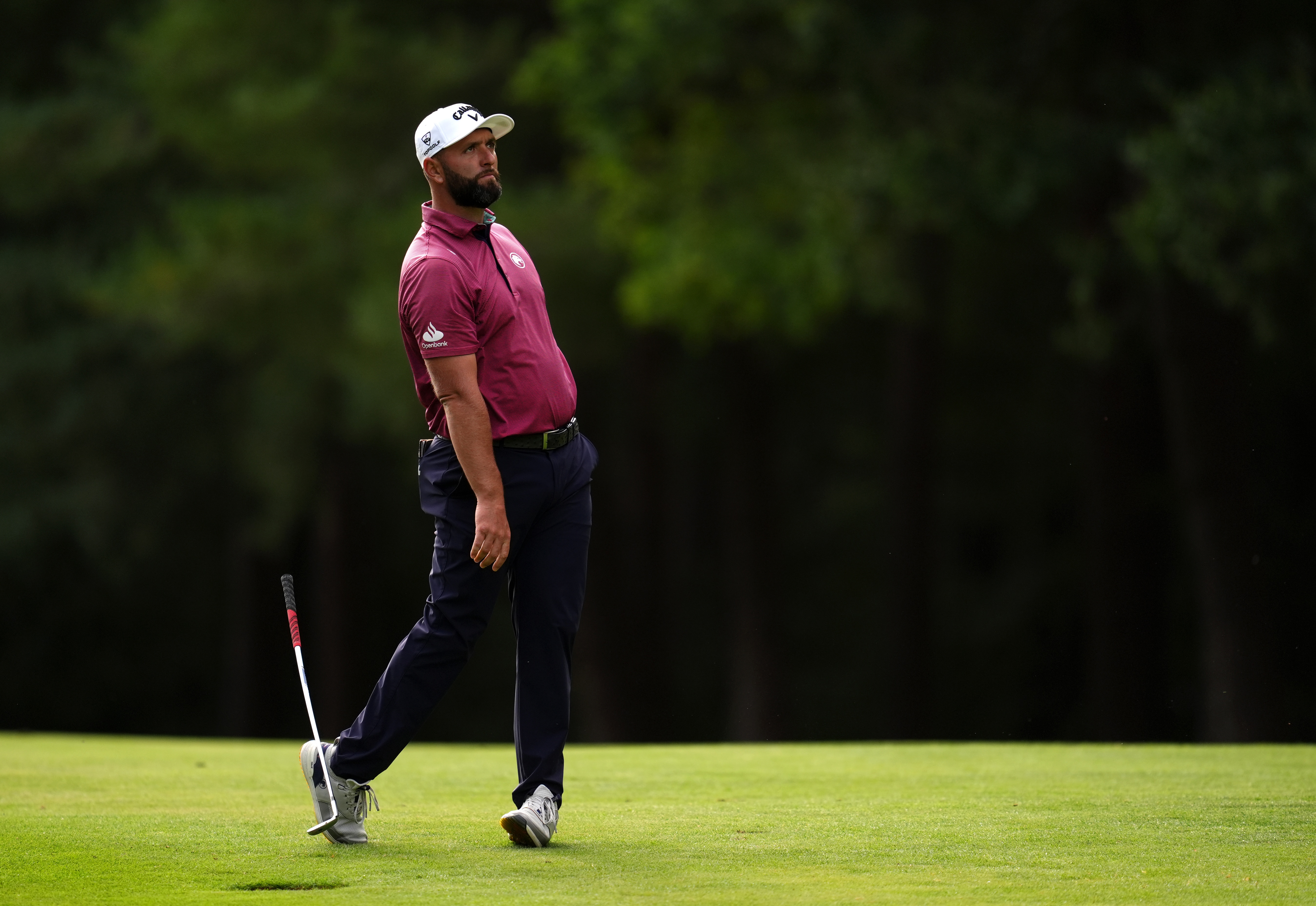 Jon Rahm of Spain drops his club on the 13th hole during the first round of the BMW Championship golf tournament in Virginia Water, England, Thursday Sept. 17, 2026. 