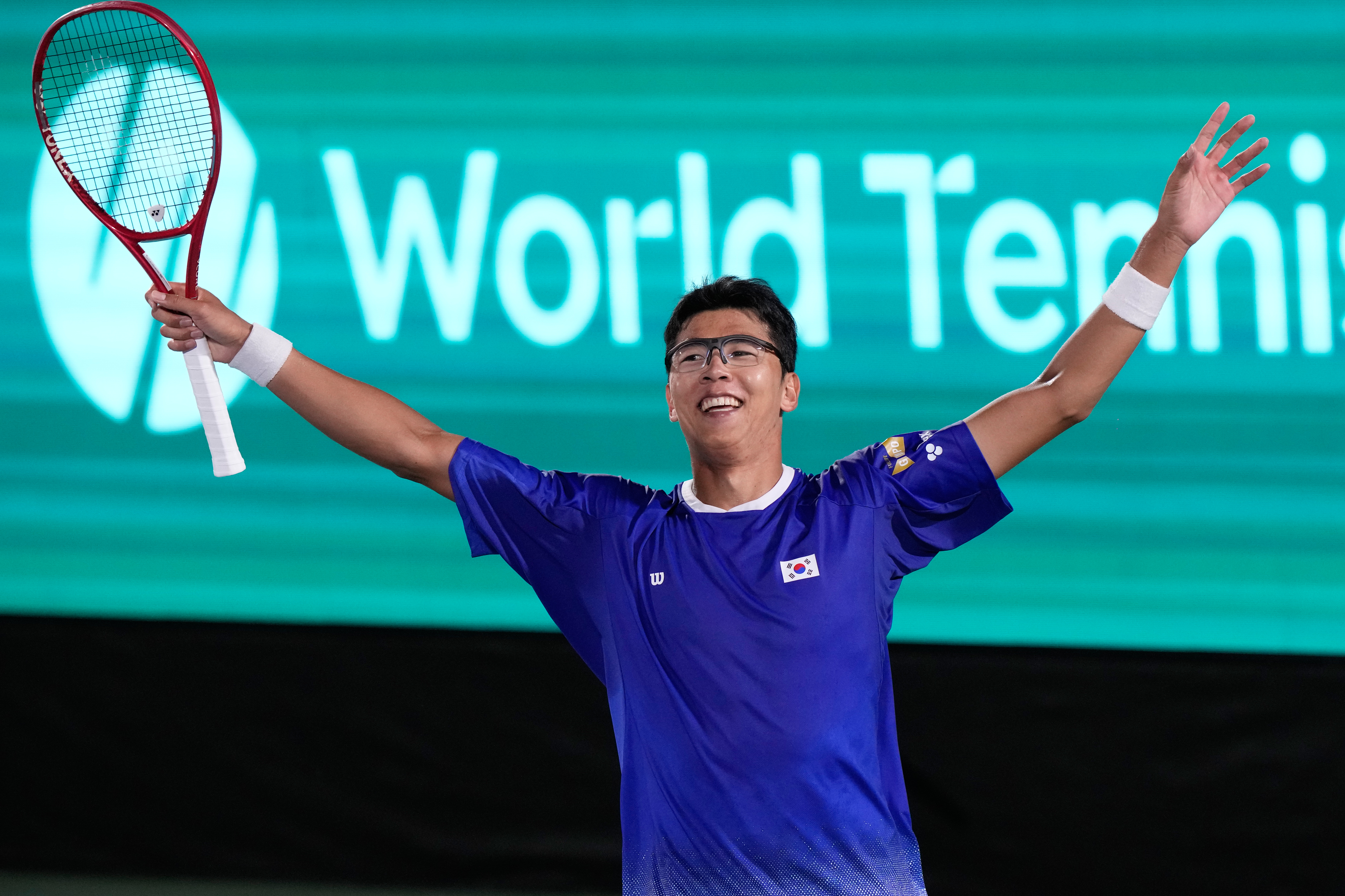 South Korea's Hyeon Chung celebrates after winning against India's Sumit Nagal during a Davis Cup second round qualifier between South Korea and India, in Seoul, South Korea, Friday, Sept. 18, 2026. 