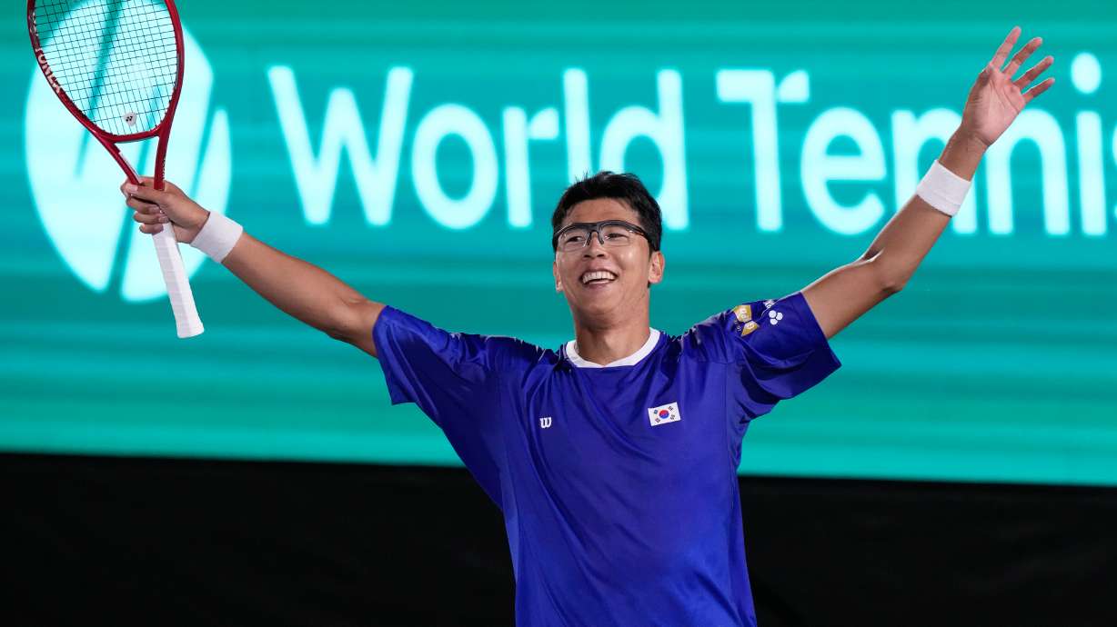 South Korea's Hyeon Chung celebrates after winning against India's Sumit Nagal during a Davis Cup second round qualifier between South Korea and India, in Seoul, South Korea, Friday, Sept. 18, 2026.