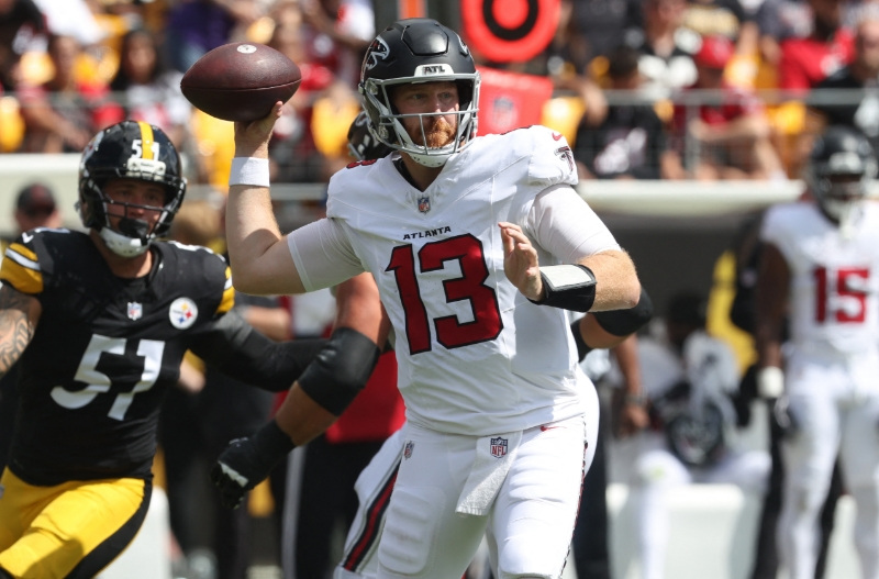 Sep 13, 2026; Pittsburgh, Pennsylvania, USA;  Atlanta Falcons quarterback Cooper Rush (13) throws during the first quarter against the Pittsburgh Steelers at Acrisure Stadium.