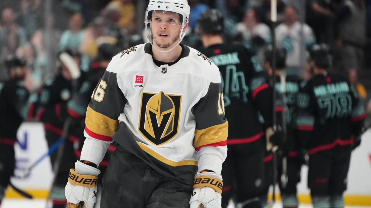 FILE - Vegas Golden Knights right wing Pavel Dorofeyev reacts after having his shot blocked by Seattle Kraken goaltender Joey Daccord for a Kraken victory in a shootout in an NHL hockey game, April 9, 2026, in Seattle.