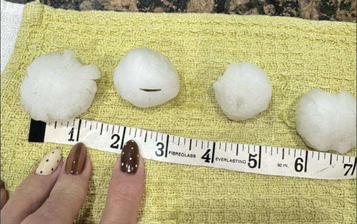 Jane Hekking, of West Kaysville, shows 1- to 1½-inch hail stones that fell during a storm Wednesday afternoon.
