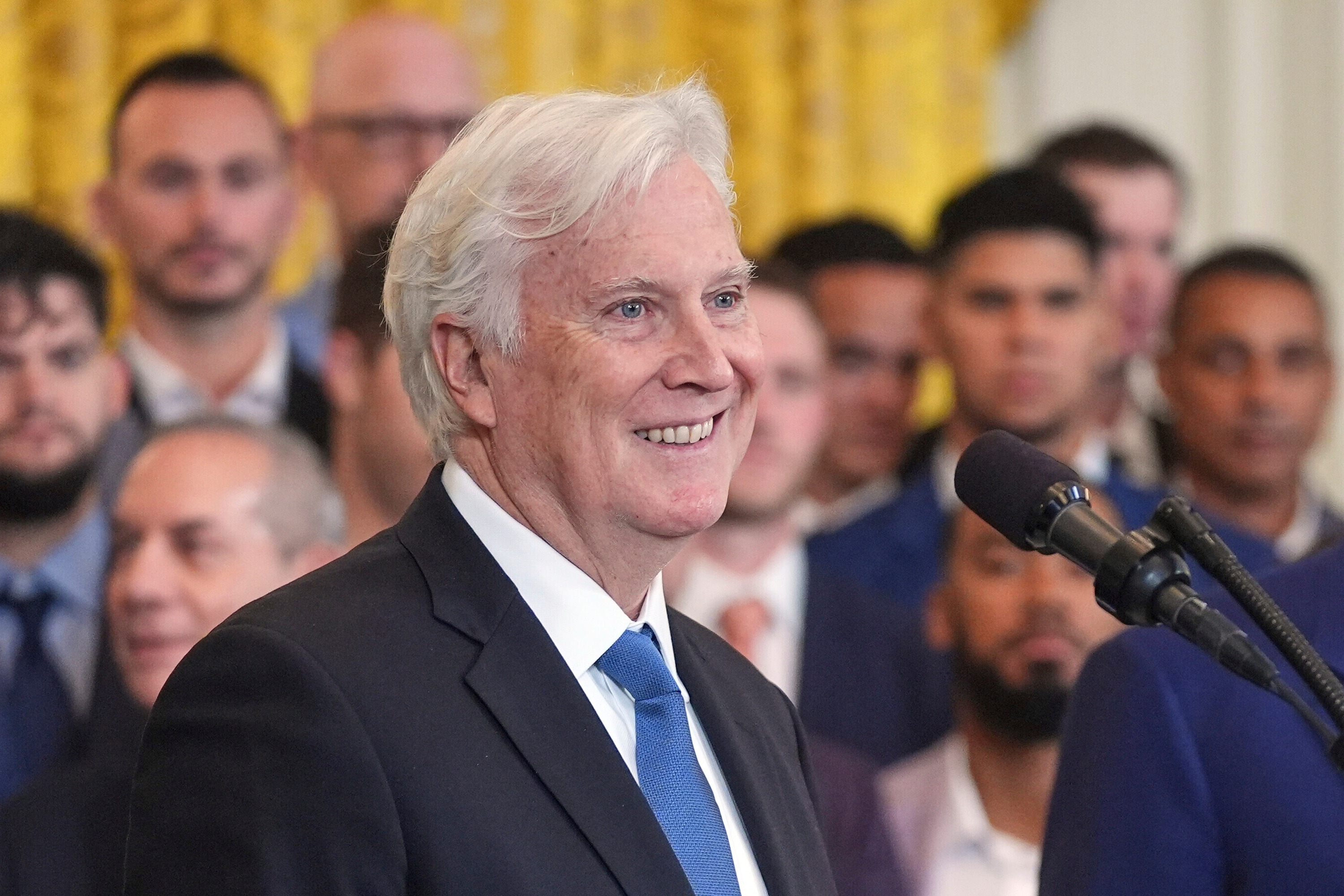 FILE - Los Angeles Dodgers owner and chairman Mark Walter speaks during a ceremony to honor the Major League Baseball 2024 World Series Champion team in the East Room of the White House, April 7, 2025, in Washington. 