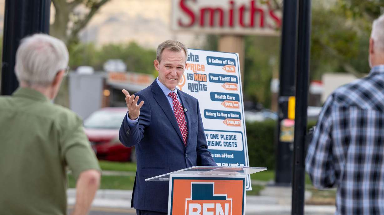 Ben McAdams announces his priorities to bring down costs for Utahns, including at the gas pump, at the checkout line, in their housing costs and in their medical bills, at Neil’s Pro Services in Salt Lake City on Thursday. McAdams also promised to roll back tax cuts as part of President Donald Trump's "big beautiful bill."