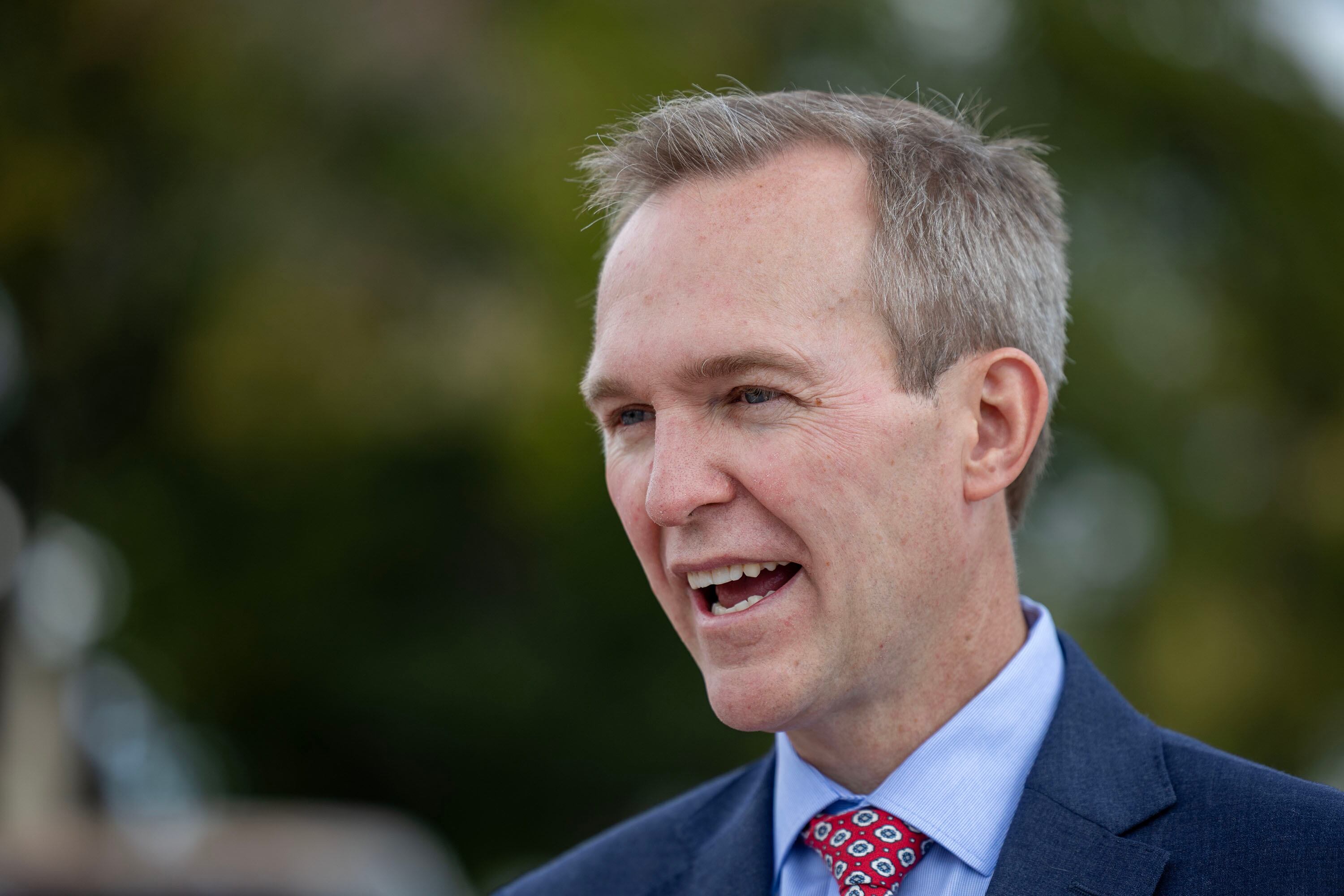 Ben McAdams announces his priorities to bring down costs for Utahns, including at the gas pump, at the checkout line, in their housing costs and in their medical bills, at Neil’s Pro Services in Salt Lake City on Thursday. McAdams argued that Republicans are not doing enough to bring down core costs.