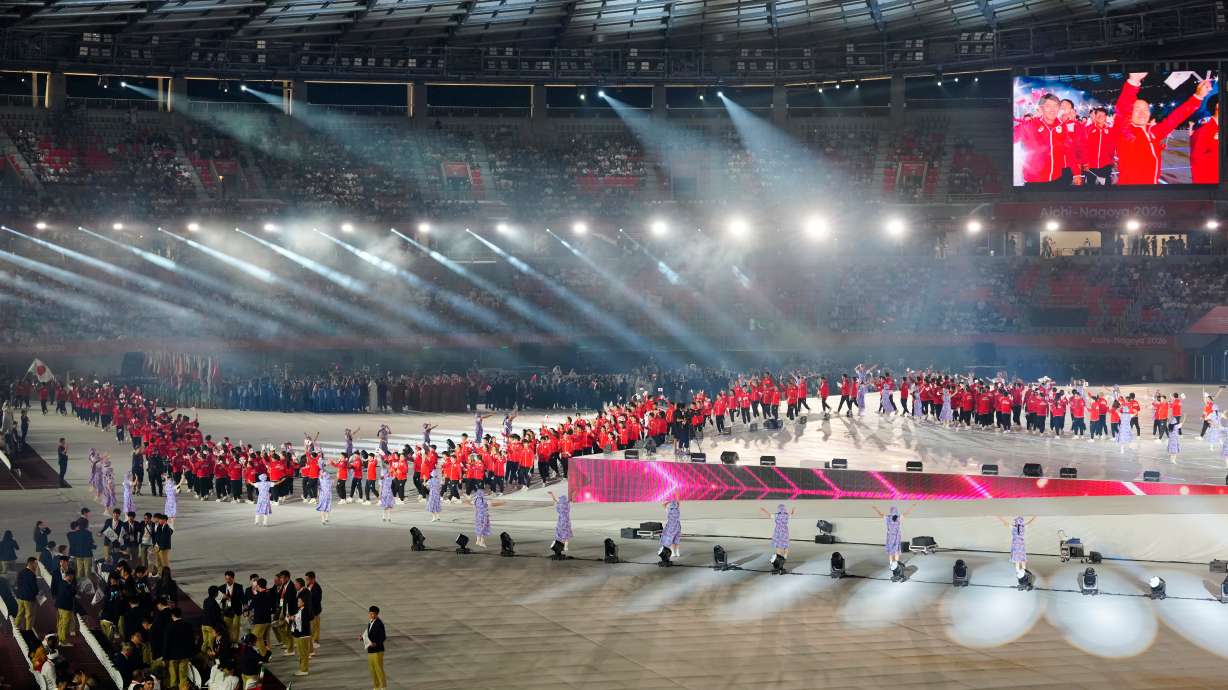 Japanese athletes march into the stadium during the opening ceremony for the Asian Games in Nagoya, Japan, Saturday, Sept. 19, 2026.