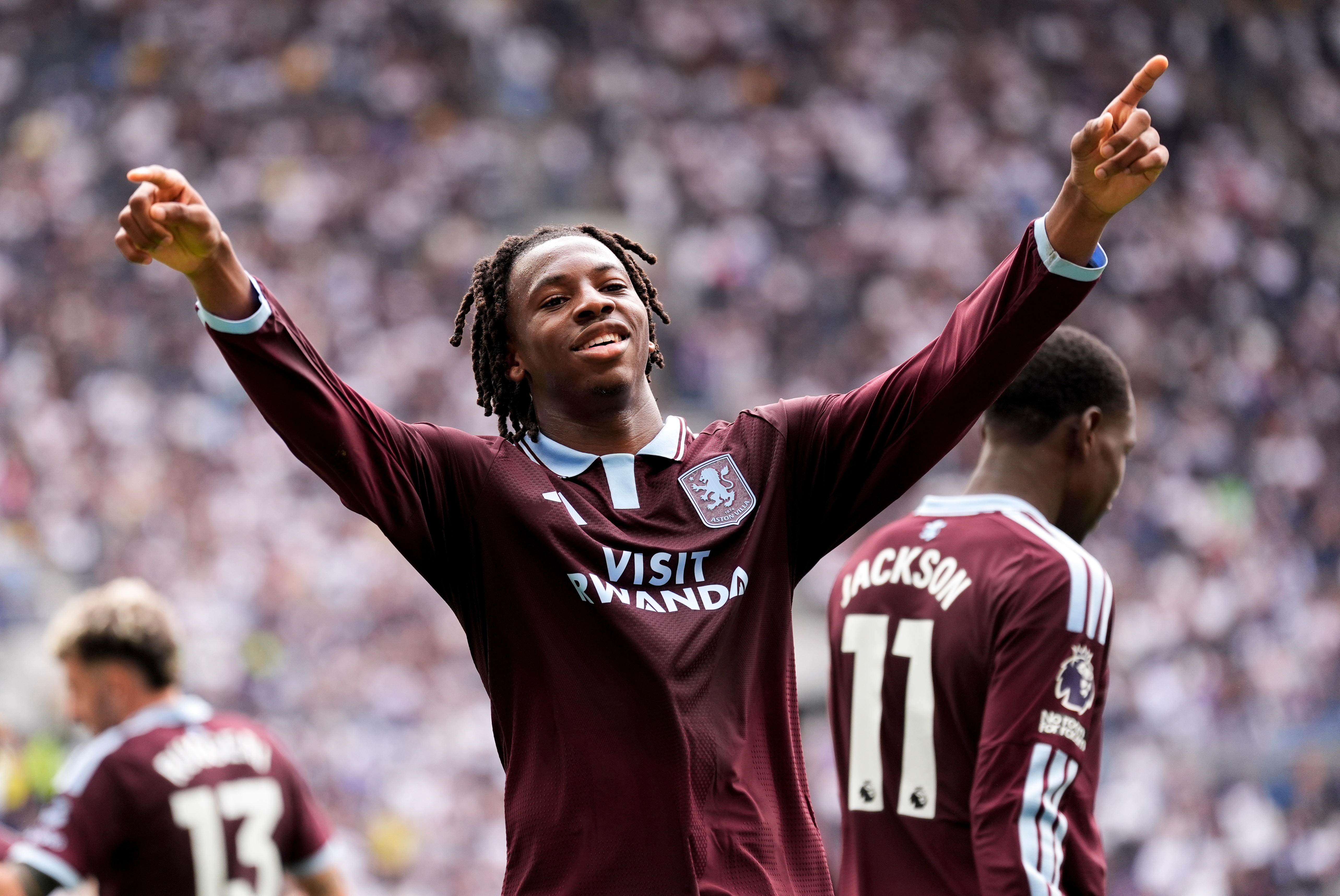 Aston Villa's Johan Manzambi celebrates as he scores the opening goal during the English Premier League soccer match between Tottenham Hotspur and Aston Villa, at Tottenham Hotspur Stadium in London, Saturday, Sept. 19, 2026. 