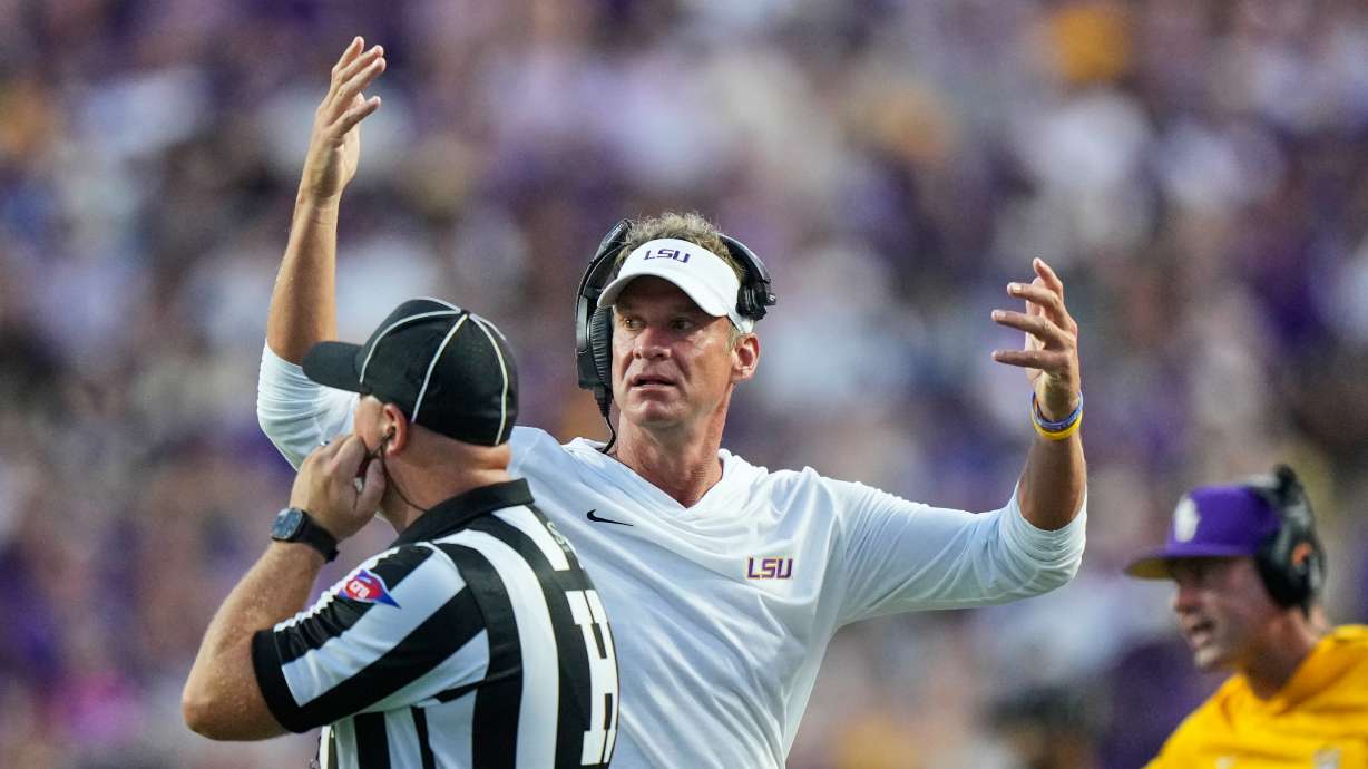 LSU head coach Lane Kiffin reacts to a call in the first half of an NCAA college football game against Louisiana Tech, Saturday, Sept. 12, 2026 in Baton Rouge, La.
