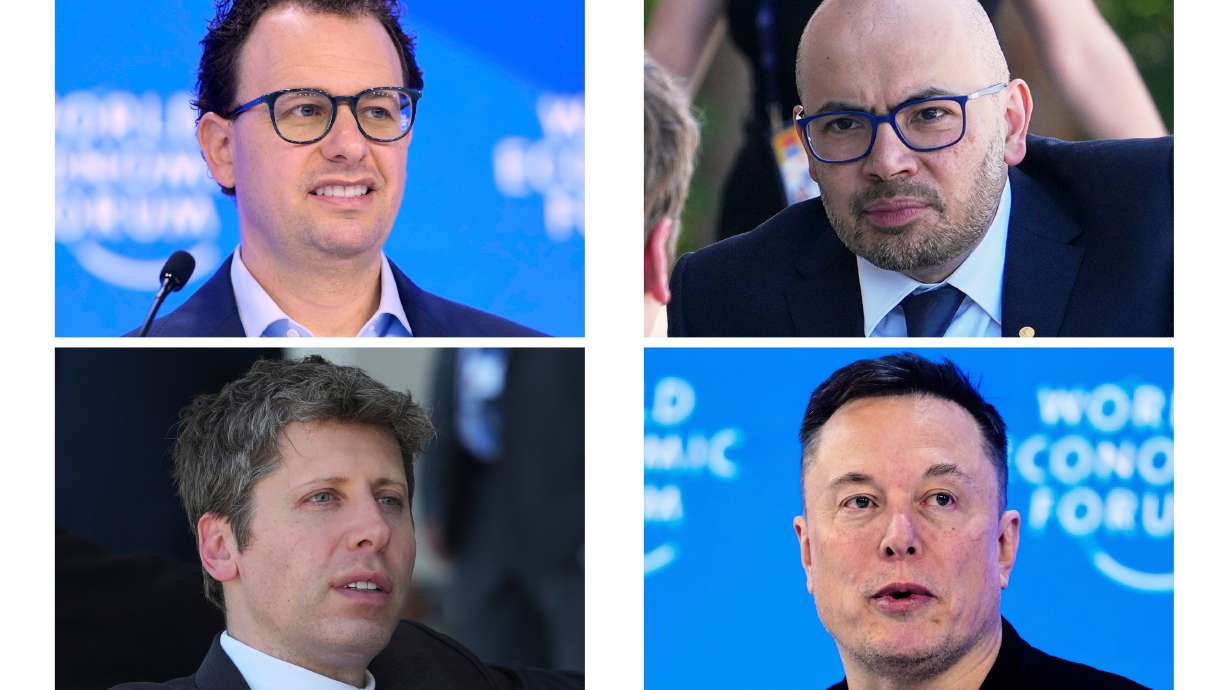 Clockwise, CEO & Co-Founder of Anthropic Dario Amodei on Jan. 23, 2025, CEO of Google DeepMind Demis Hassabis, CEO of OpenAI Sam Altman and CEO of SpaceXAI Elon Musk on Jan. 22. A new lawsuit claims all four companies illegally agreed to slow their AI development.