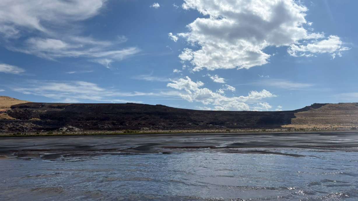Blackened grass and brush darken the side of Fremont Island on the Great Salt Lake on Wednesday.