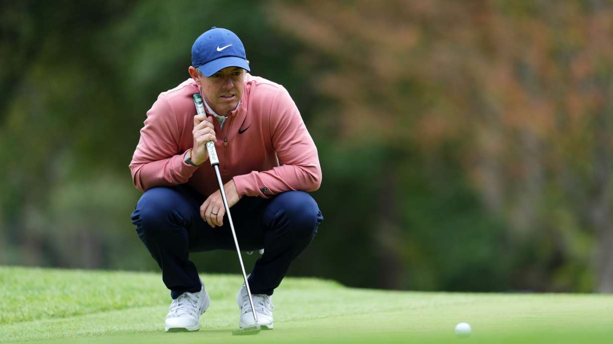 Rory McIlroy of Northern Ireland on the 16th green on day three of the PGA Championship at Wentworth Golf Club in Virginia Water, England, Saturday Sept. 19, 2026.