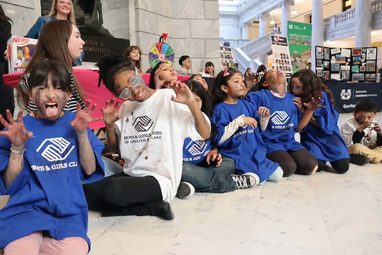 Boys & Girls Club participants pose together during activities at the Utah State Capitol in Salt Lake City, Feb. 12, 2025.